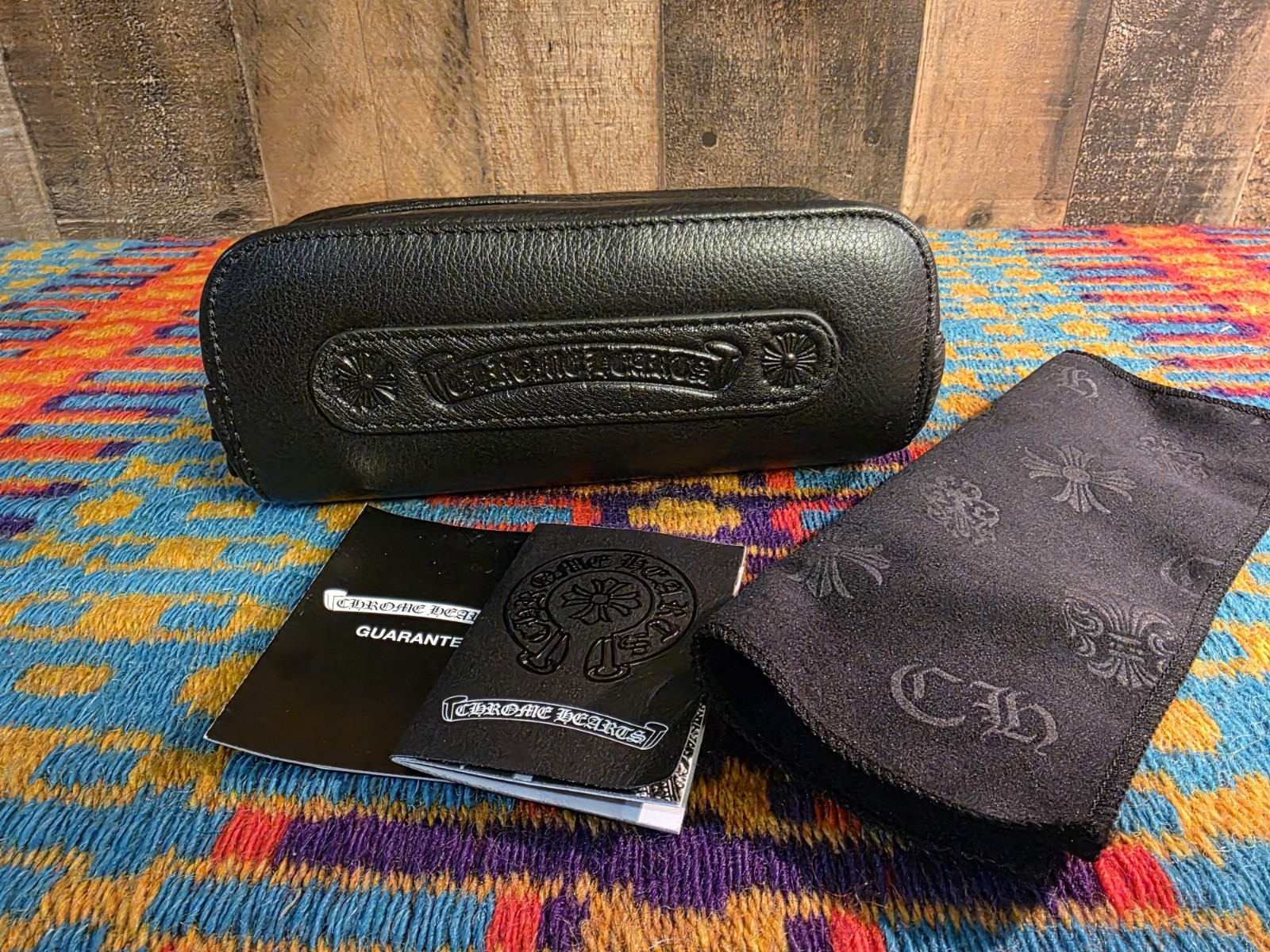 Chrome Hearts Black Leather Sunglasses Case Dagger Zipper Full Set Cloth Booklet