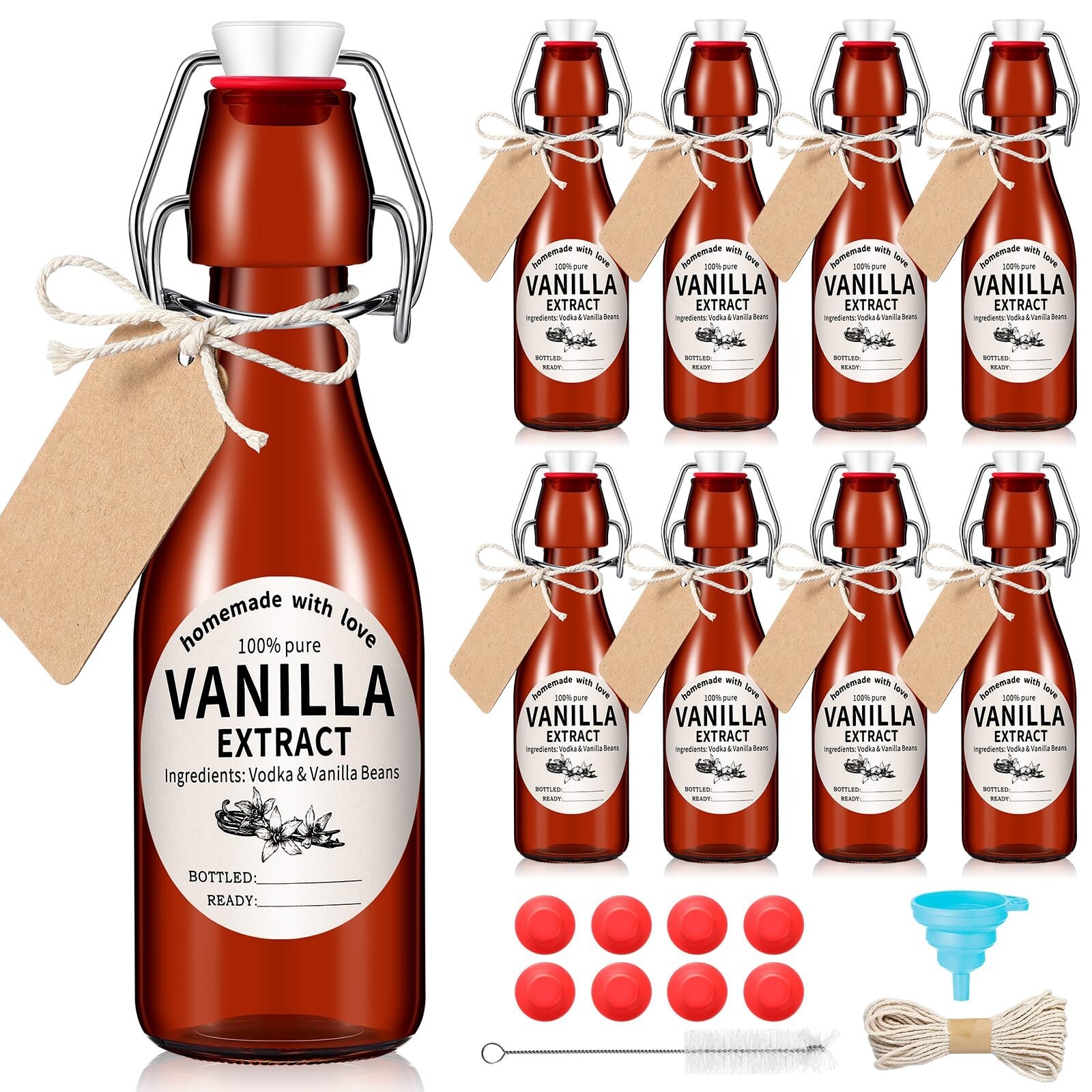 Vesici 8 Sets Swing Top Glass Bottles Set Amber Homemade Vanilla Extract Bott...
