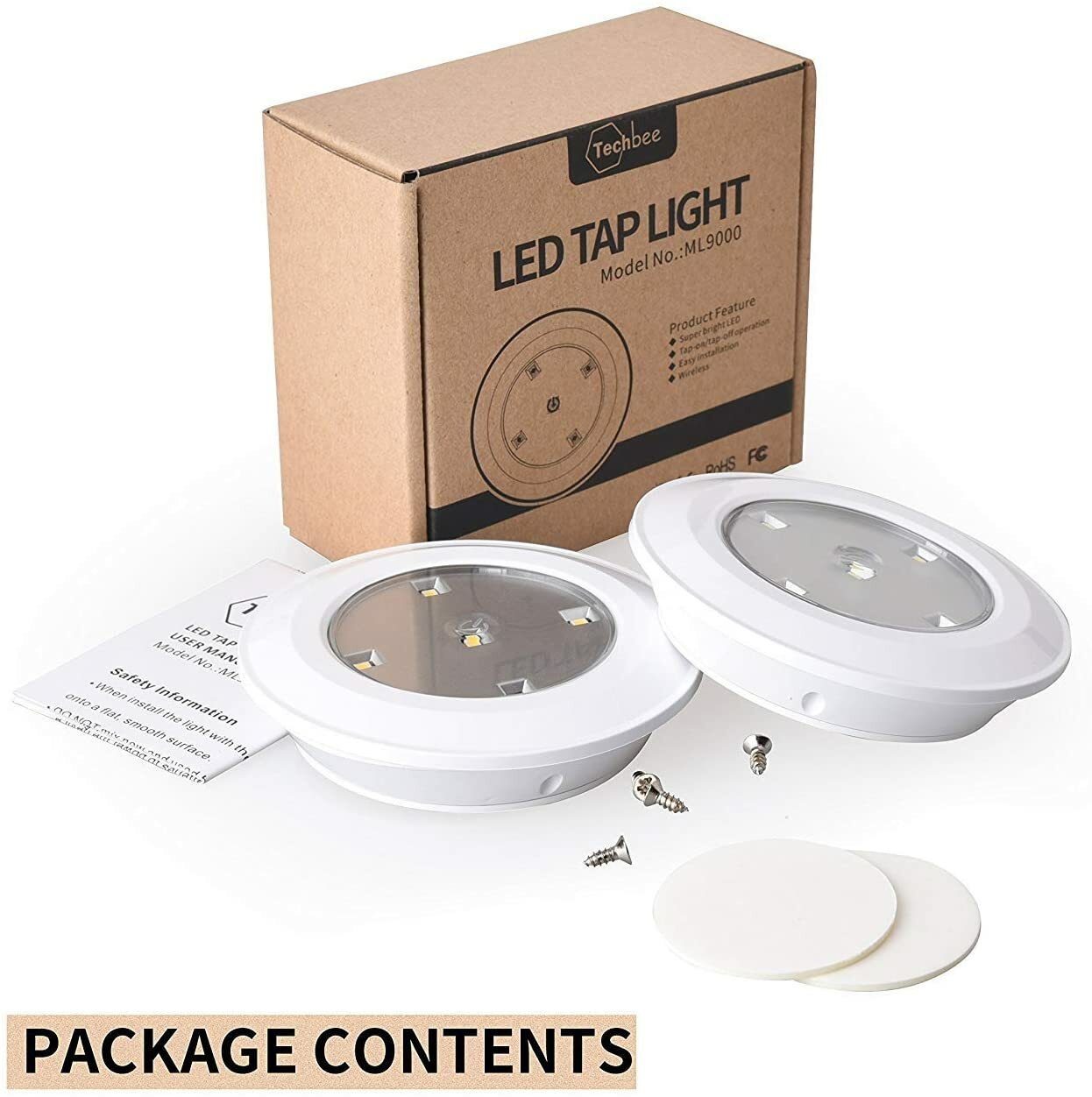Techbee LED Tap Lights wall Stick On Push Battery Cordless Powered Puck 2 Pack