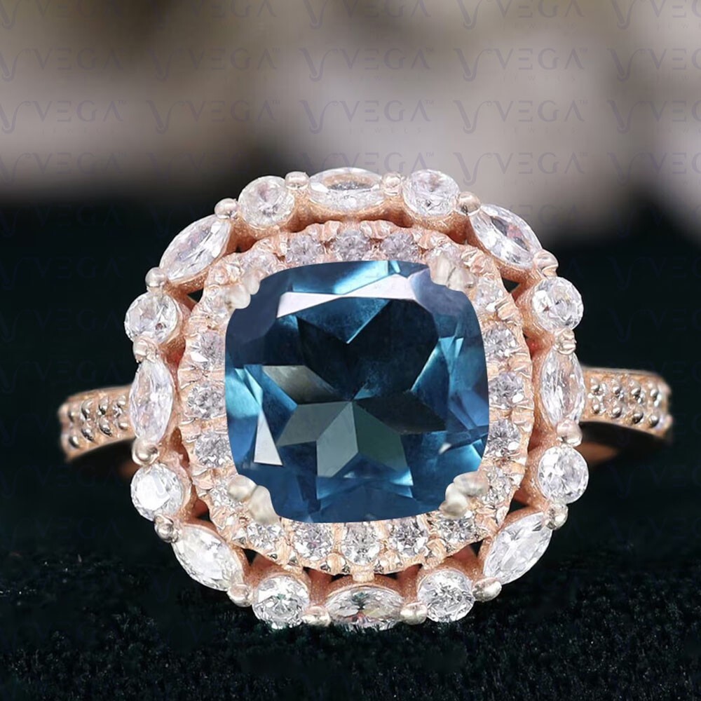 6.0t Cushion Cut Natural Topaz & Diamond 100% Real 14k SOLID Rose Gold Halo Ring