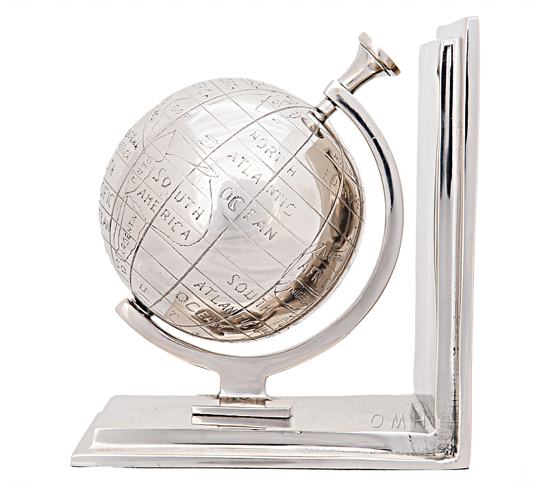 Chrome World Globe Bookend Cast Aluminum 7.75" Nautical Desk Top Bookcase Decor
