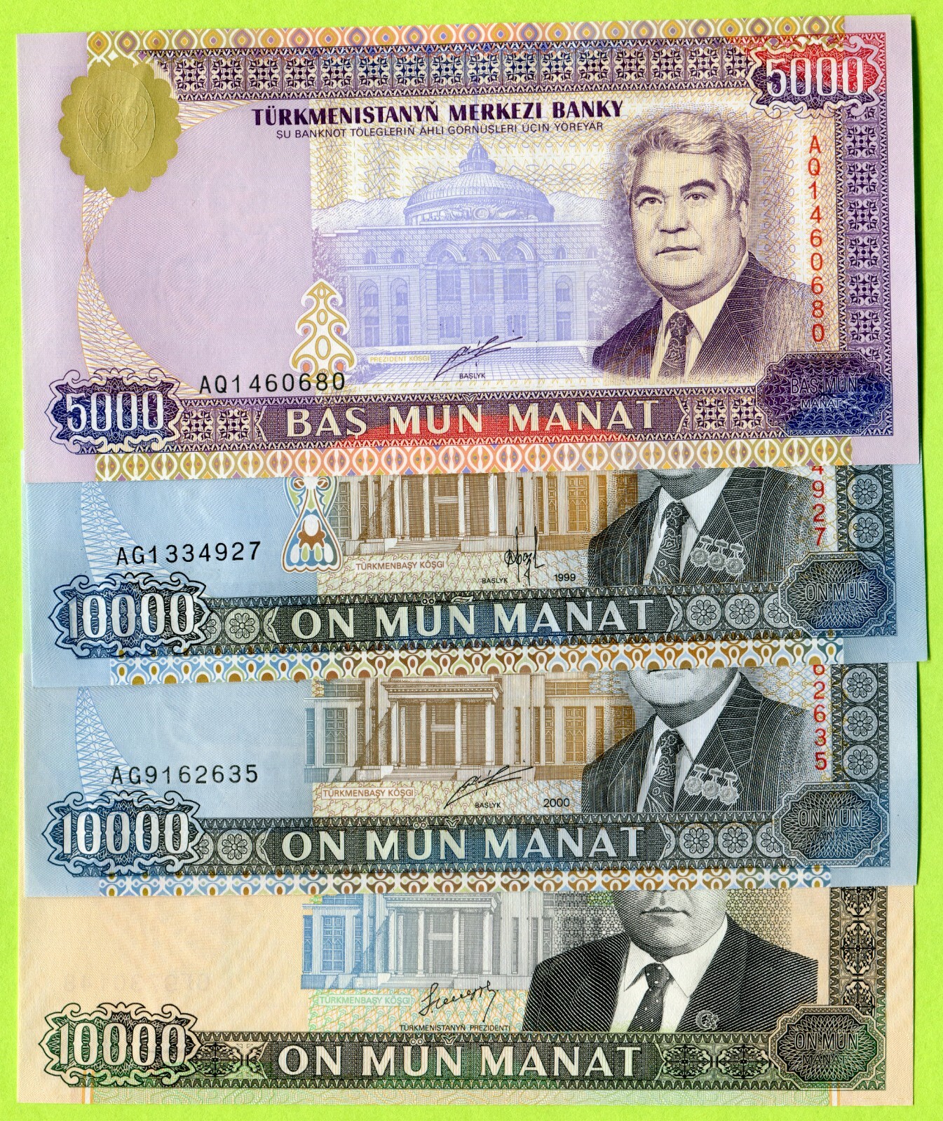 Turkmenistan 5000 10000 Manat 1999 2000 2003 P12b P13.2 P14 P15 UNC