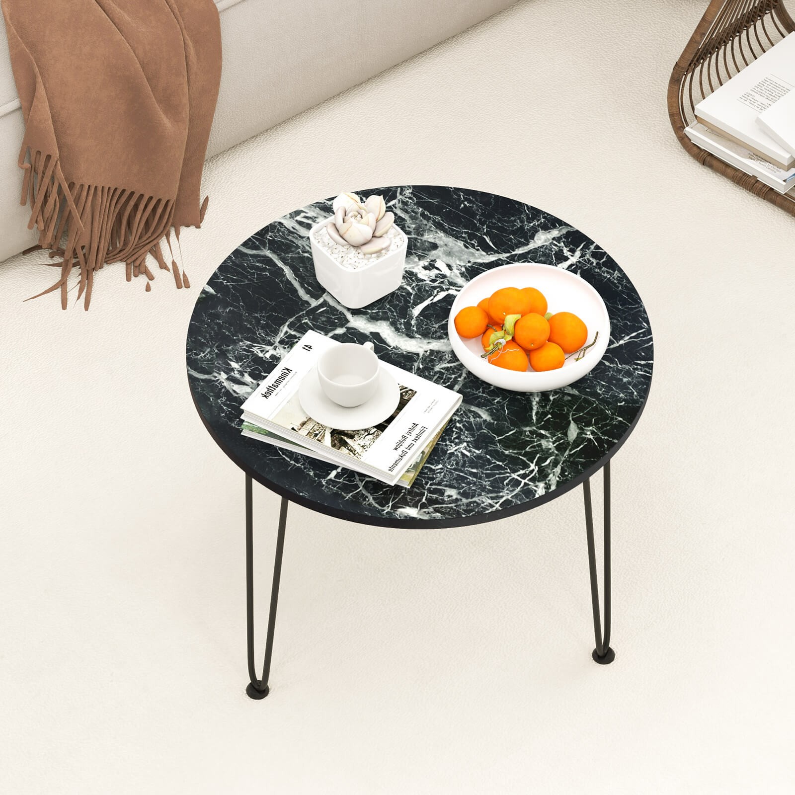 Small Round Coffee Table w/ Thickened Tabletop & Metal Tripod Legs Faux Marble