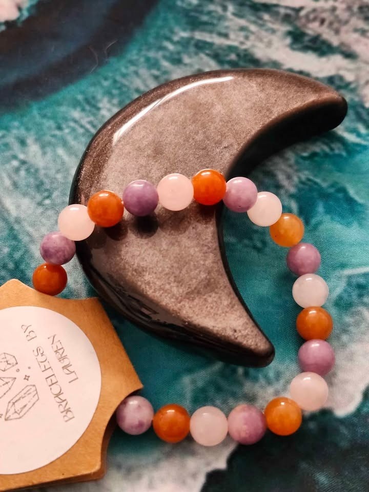 Rose quartz, orange aventurine and lepidolite beaded bracelet