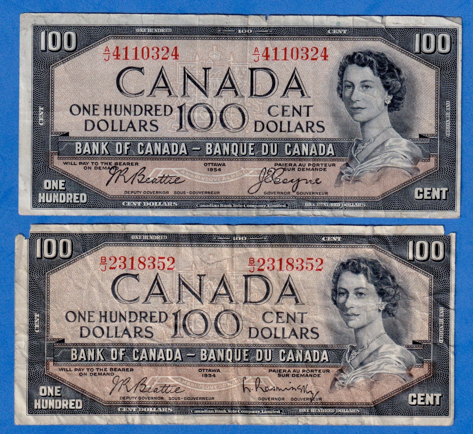 Canada $100 1954 Combo BC-43a,b / P-82a,b - QE II - 2 Circulated Notes (damaged)