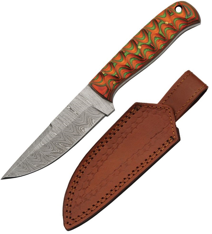Damascus Hunter Fixed Knife 4" Damascus Steel Full Blade Sculpted Wood Handle