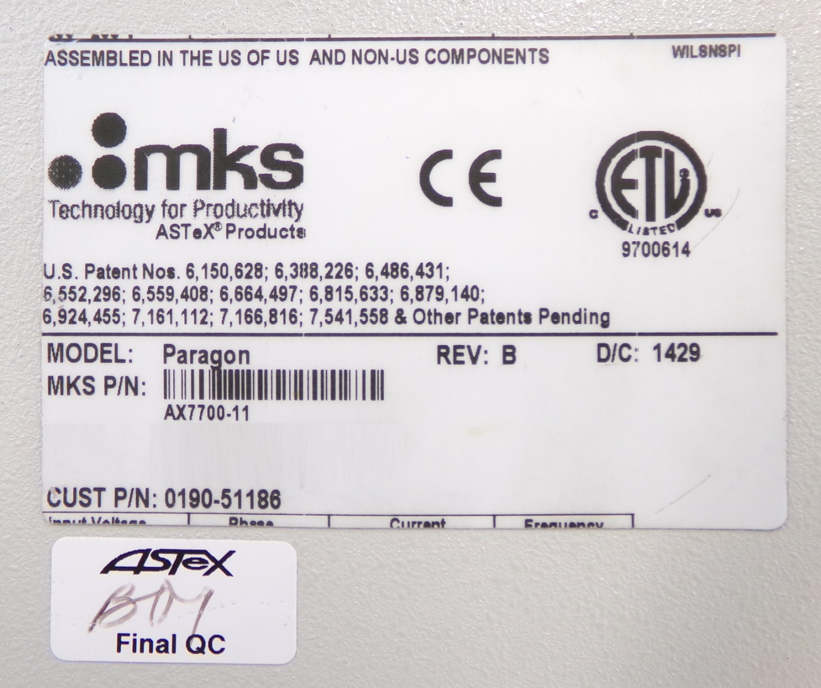 Paragon F* MKS Instruments AX7700-11 Plasma Source AMAT 0190-51186 Untested