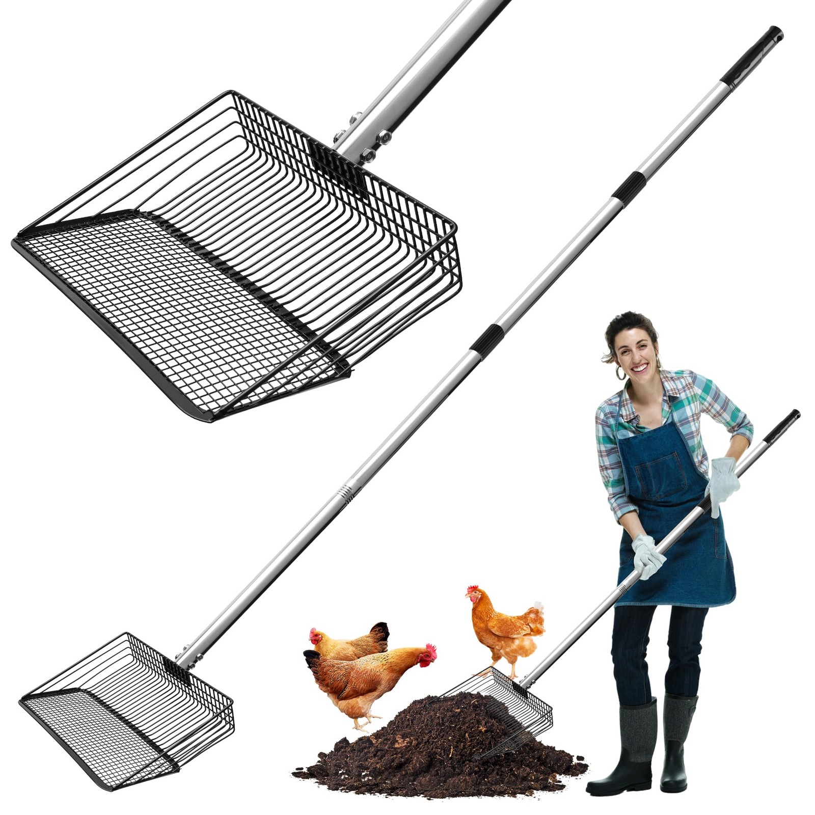 Large Chicken Poop Scooper Heavy Duty Pooper Scooper Long Handle Sifting Shovel