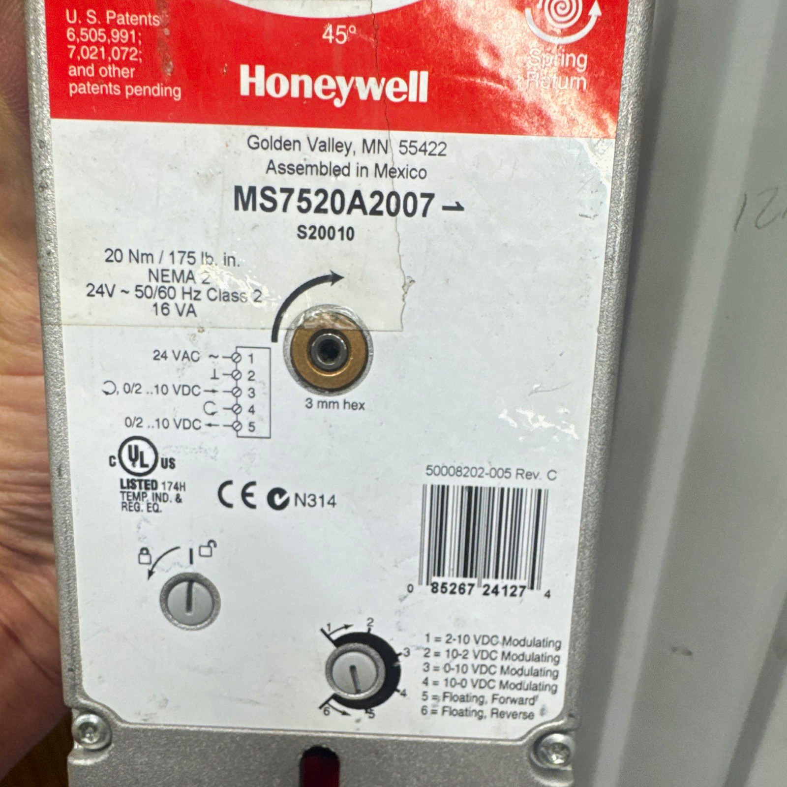 Honeywell MS7520A2007 24V Spring Return Direct Mount Damper Actuator 20Nm