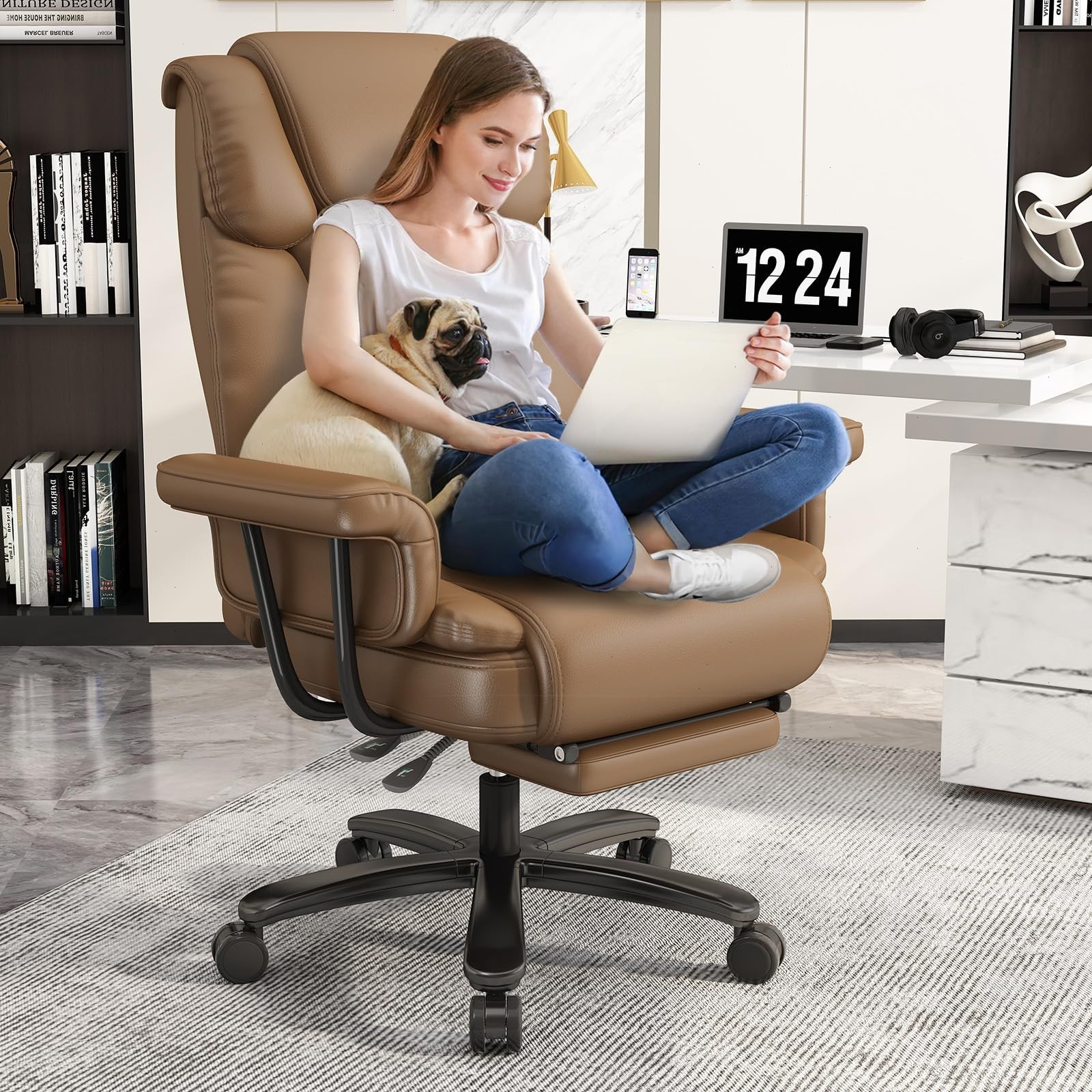 Big and Tall Office Chair Reclin with Footrest High Back Desk Chair 400LBS Brown