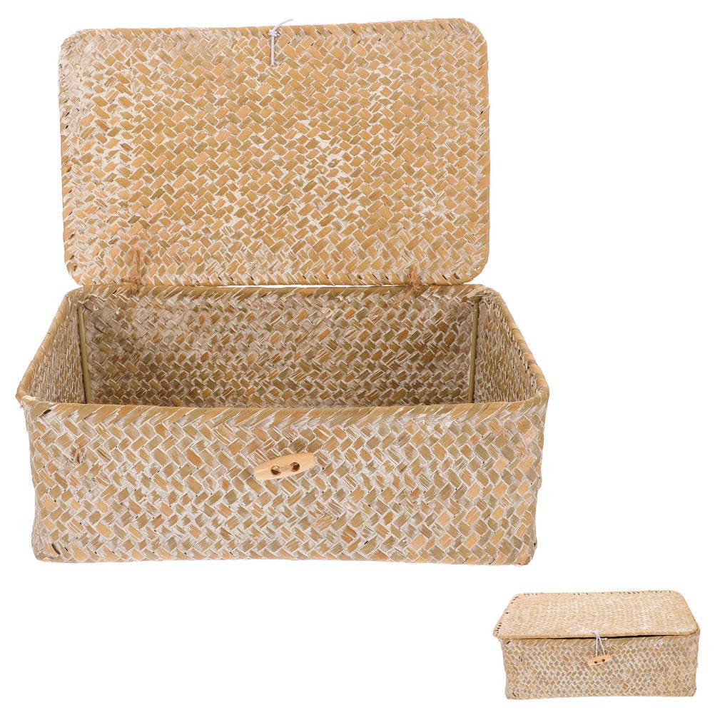 Rattan Decorative Storage Basket With Lid Bamboo Organizer Box For Living Room