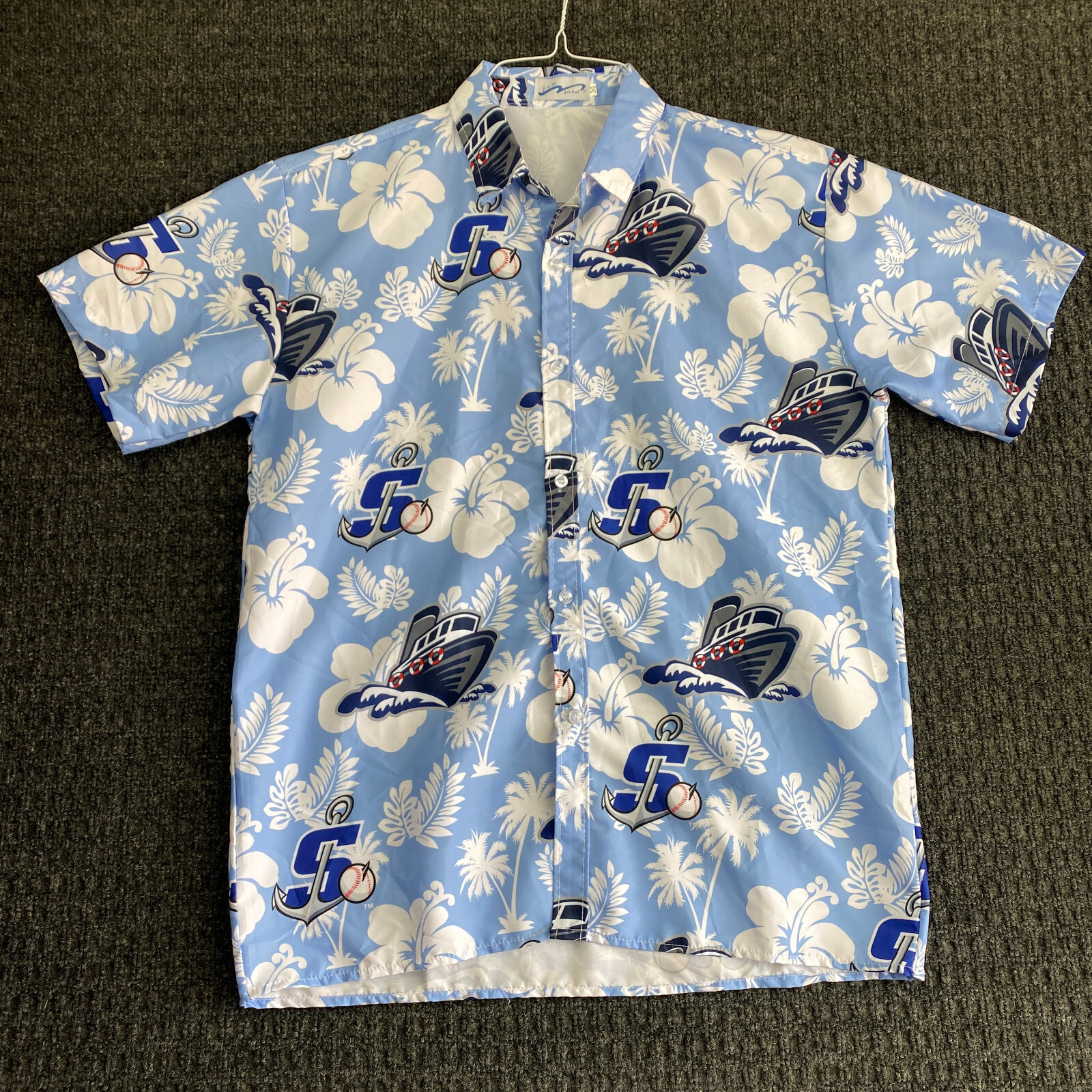 Stockton Ports Hawaiian Button Up Shirt Blue Floral Ship Anchor M Rare Print