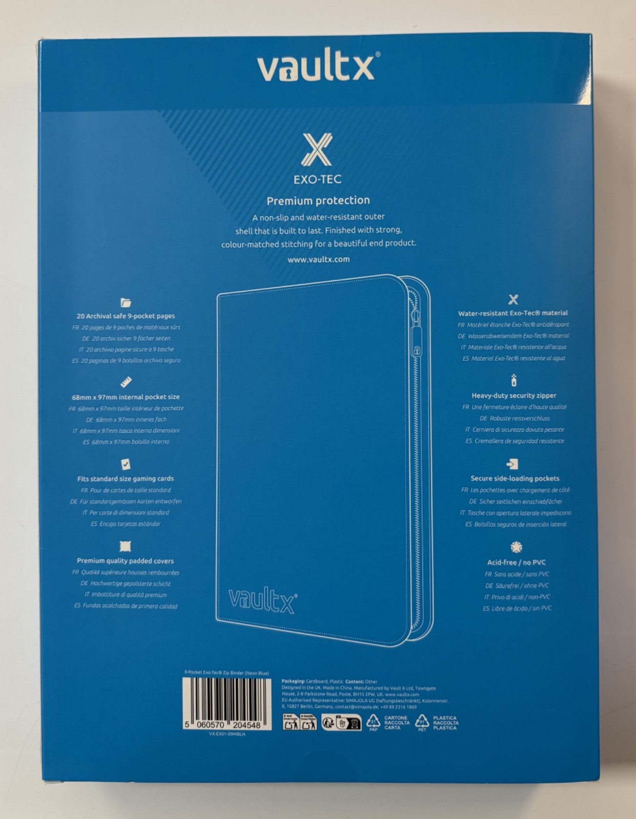 Vault X - 9 Pocket Sideloading Exo-Tec Premium Zip Binder - Neon Blue - New