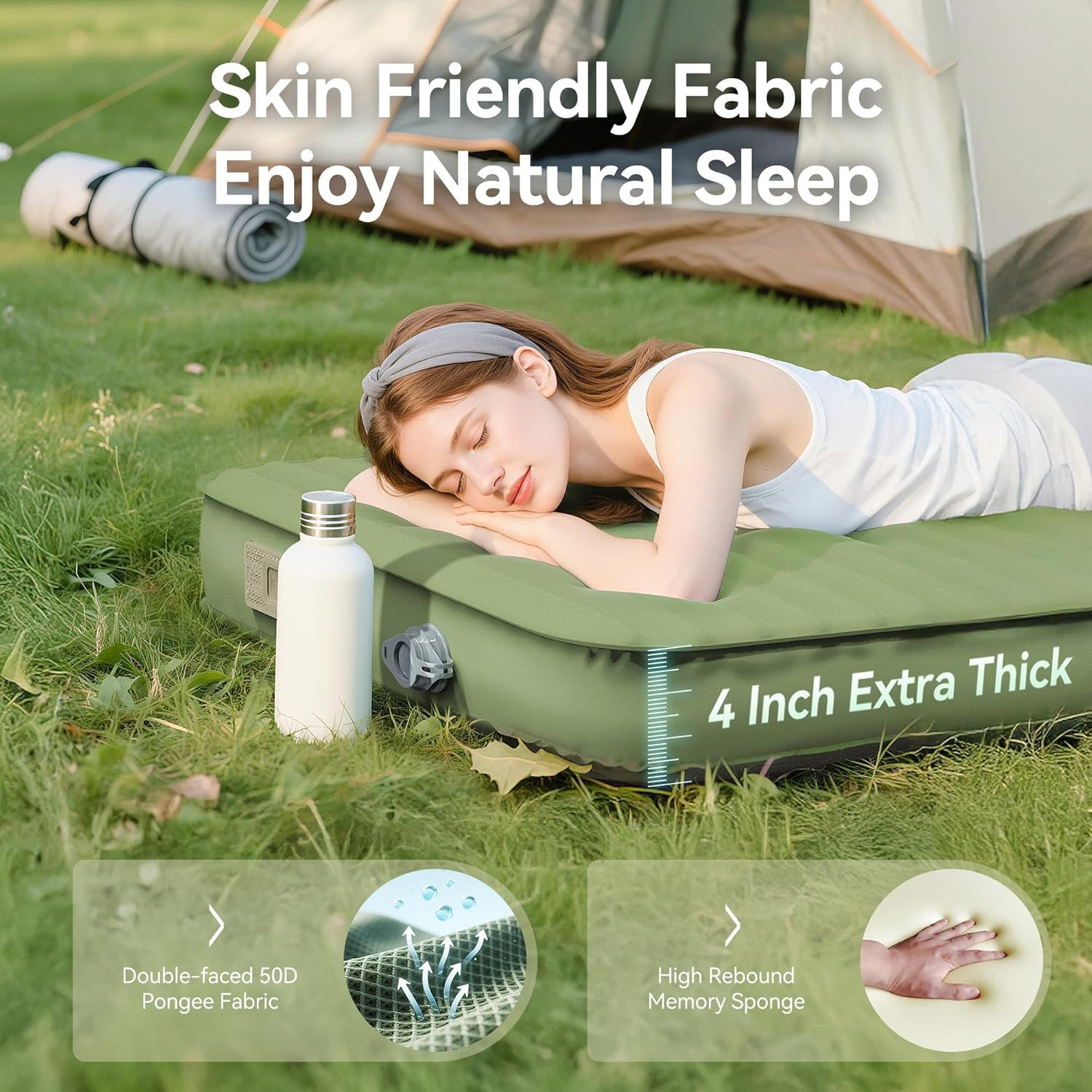 Camping Sleeping Pad, 4" Ultra-Thick Memory Foam Camping Mat with Built-In Elect