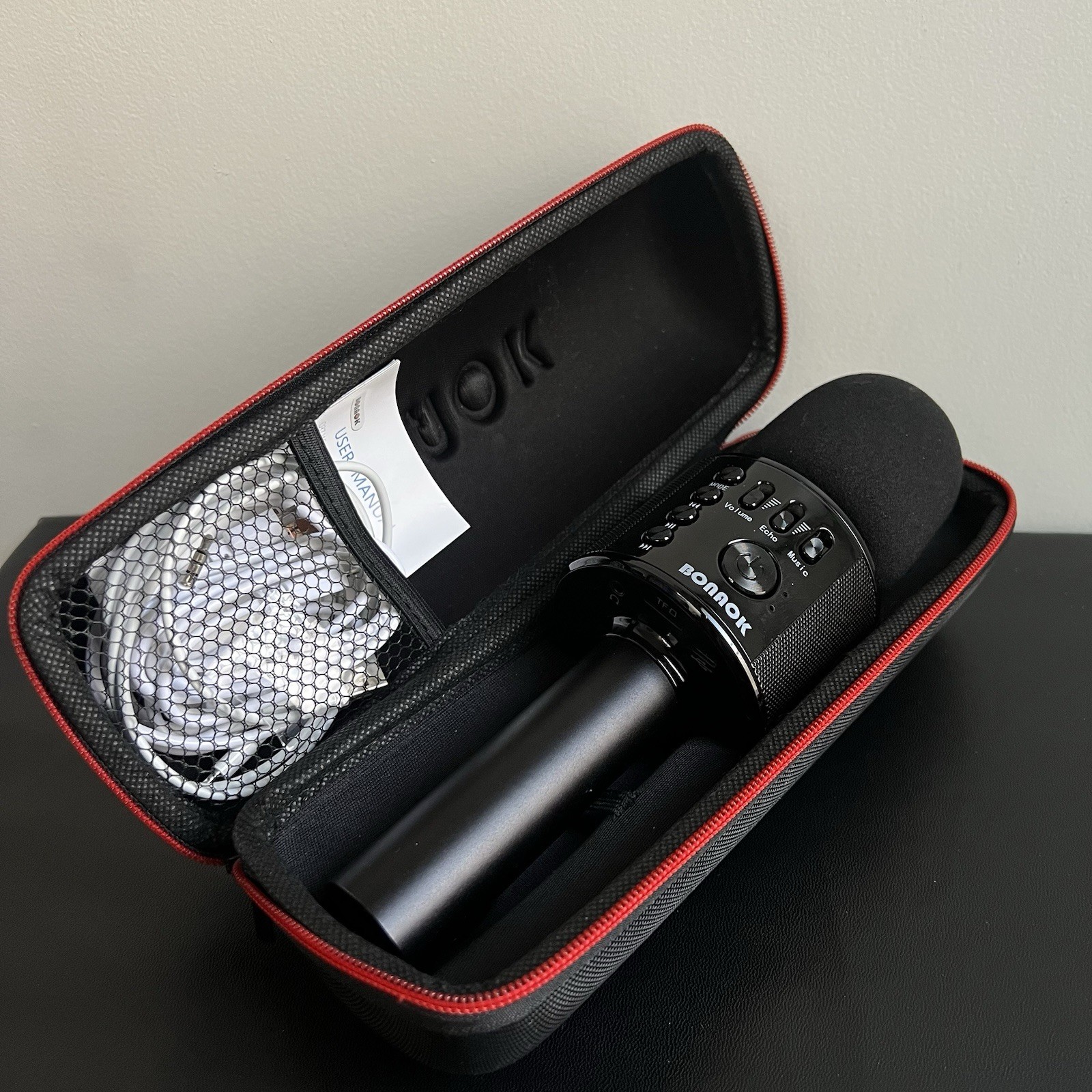 Bonaok Handheld Wireles Bluetooth Karaoke Microphone with Case. Black & Red