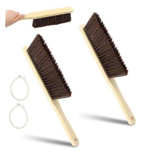 2 Piece Wooden Dust Brush, Hand Soft Bristle Broom with Lanyard for 2 pcs
