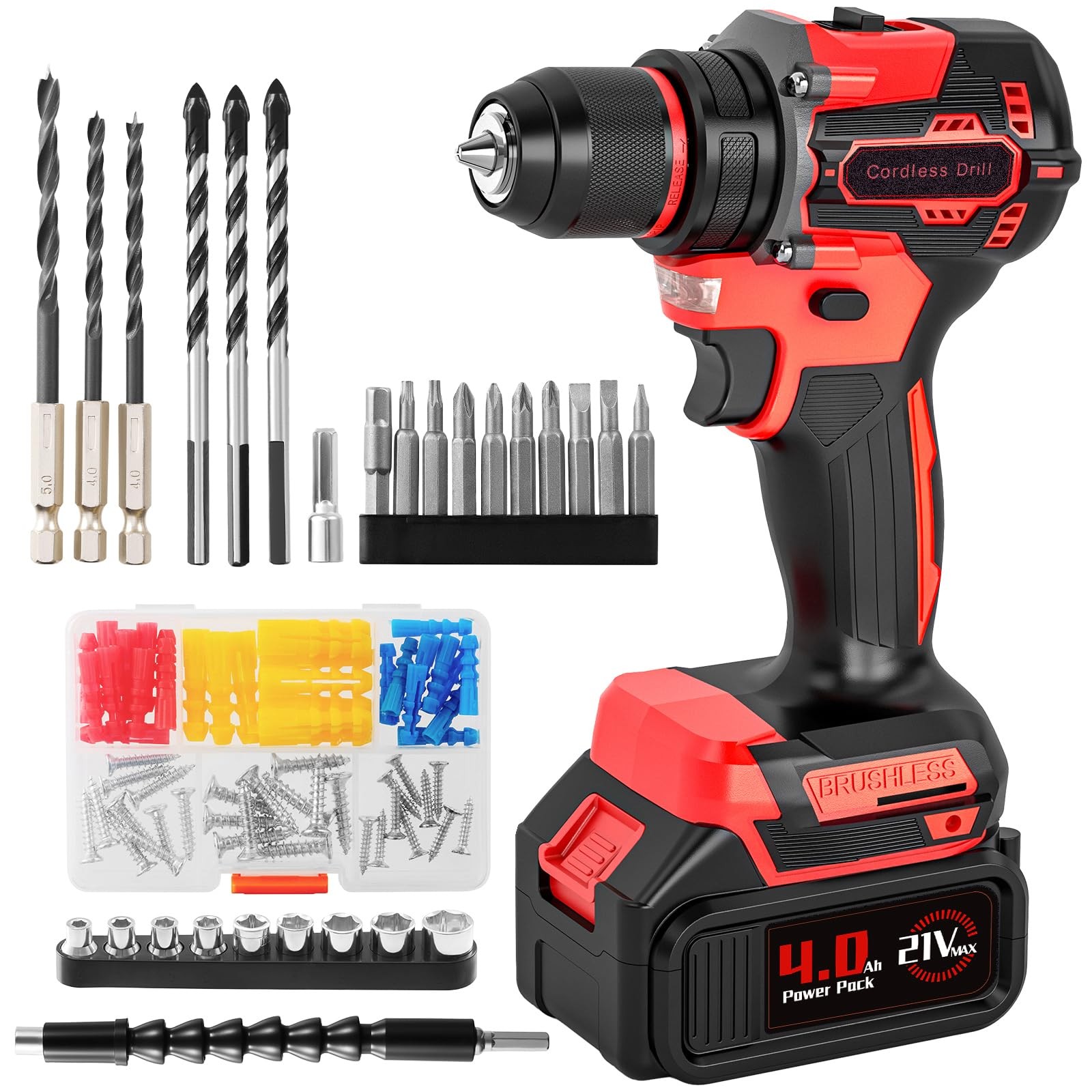 21V Cordless Brushless Power Drill Set 575 in-lbs Torque, 87pcs Kit - DIY
