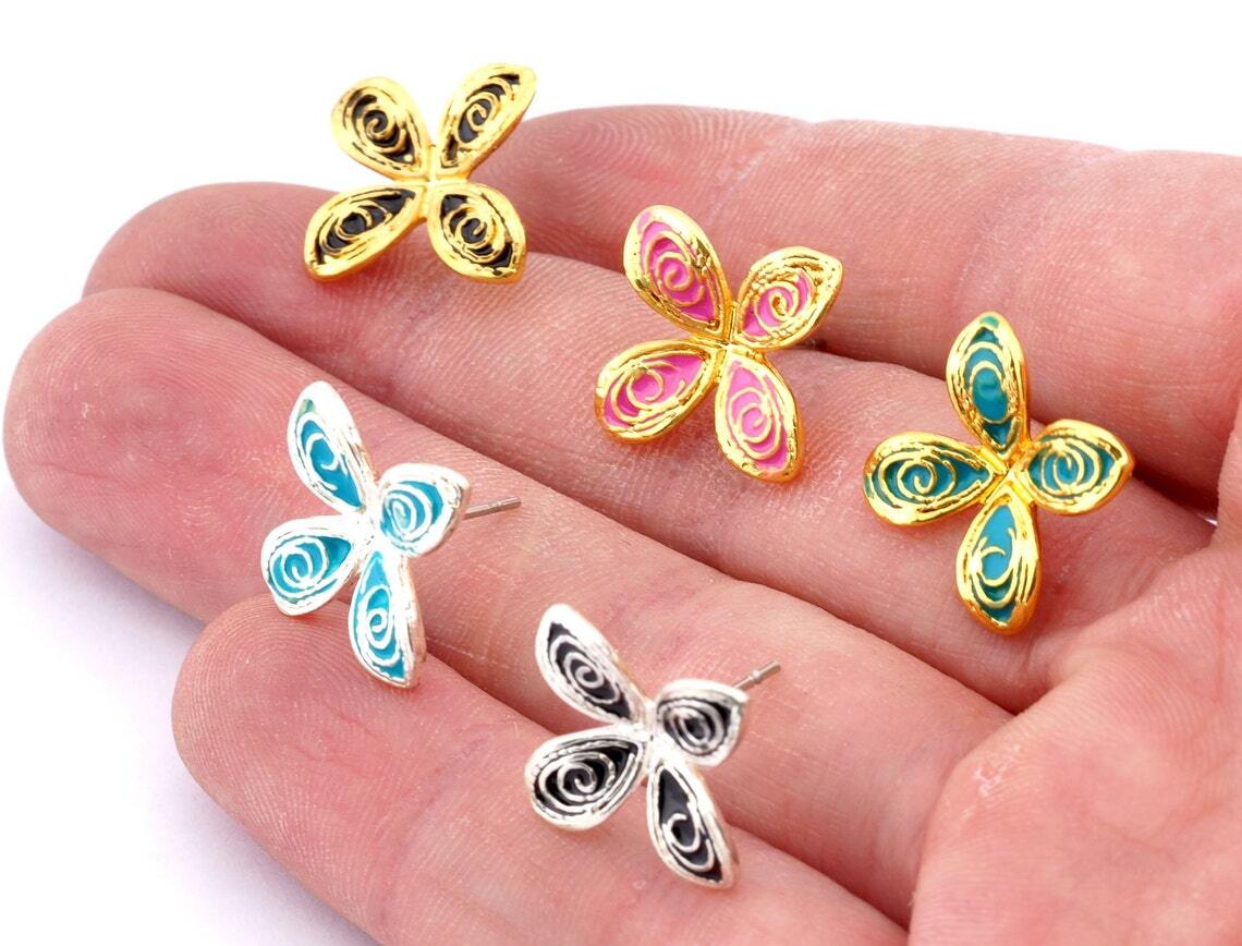 1 pair Flower blossom earring post stud wire base Enamel filled-Gold-Silver 4367