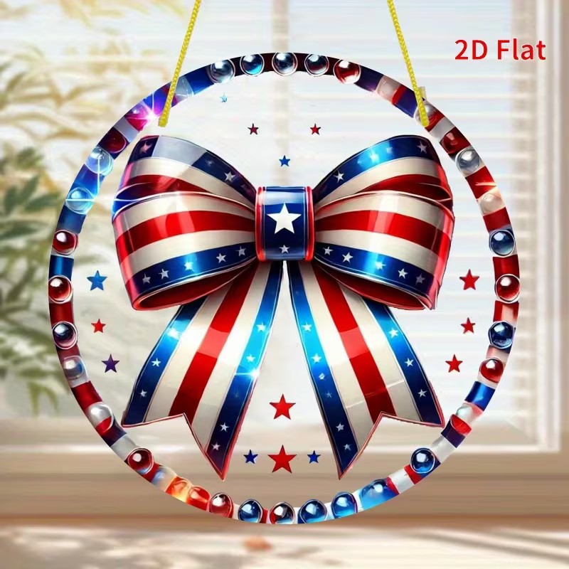 Patriotic 8 inch Red, White & Blue Bow Design Seasonal Suncatcher New