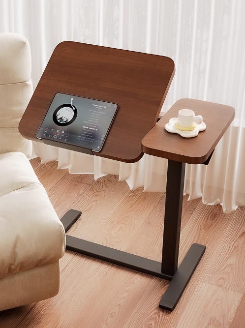 Overbed Bedside Desk, Adjustable Rolling Laptop Stand Tray Table, Walnut