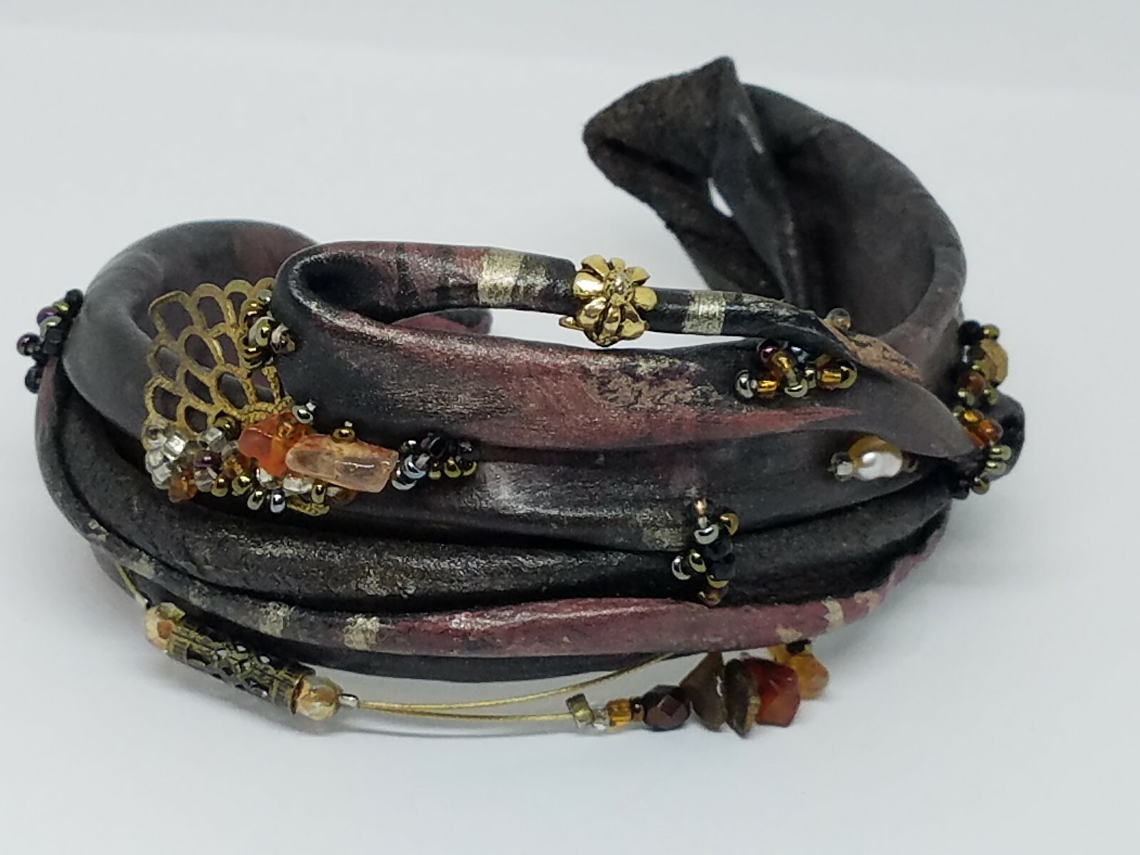 Artisan Modernist Leather Cuff Bracelet Signed