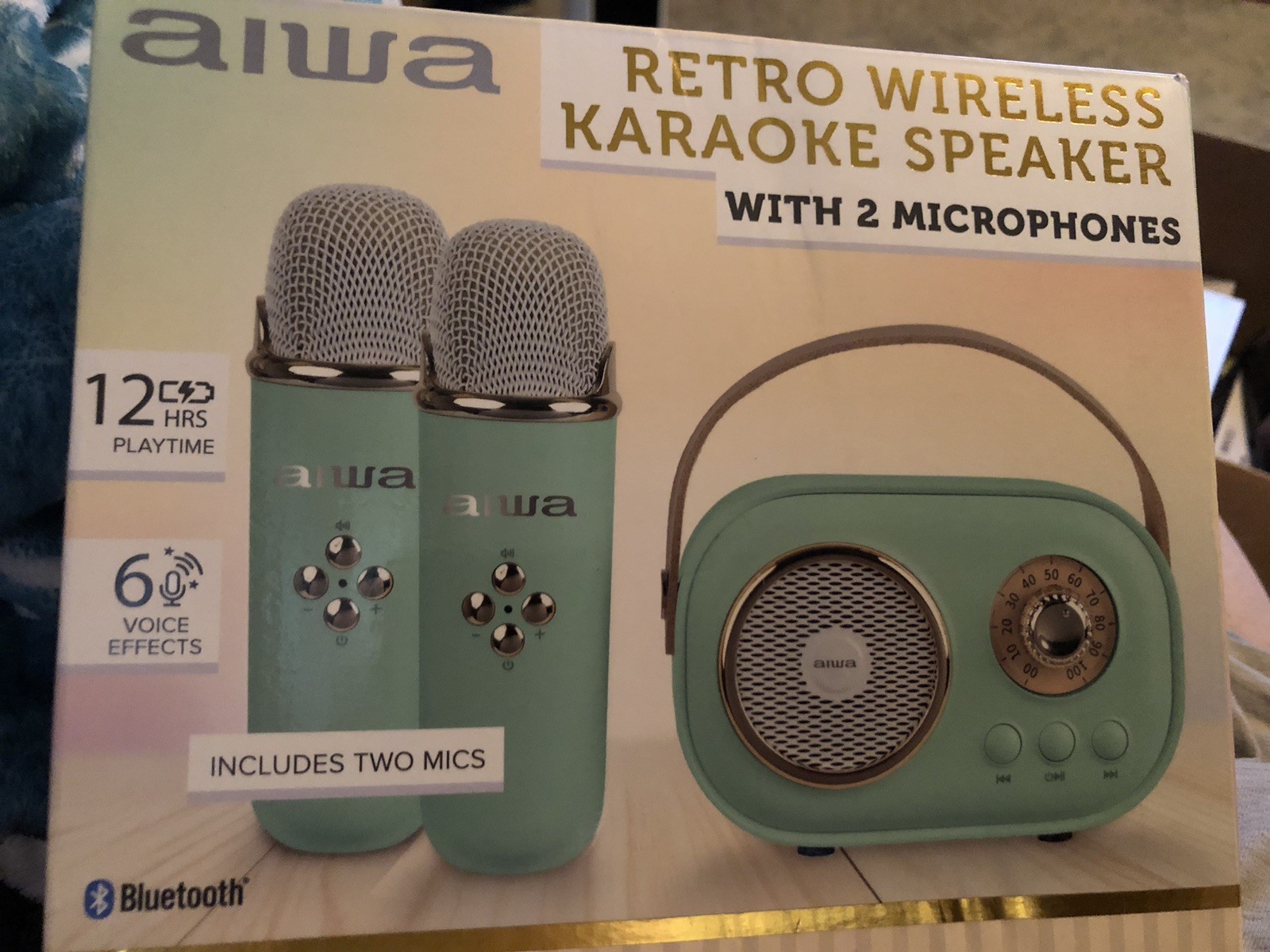 Aiwa Retro Wireless Bluetooth Karaoke Speaker Includes Two Microphones Aqua