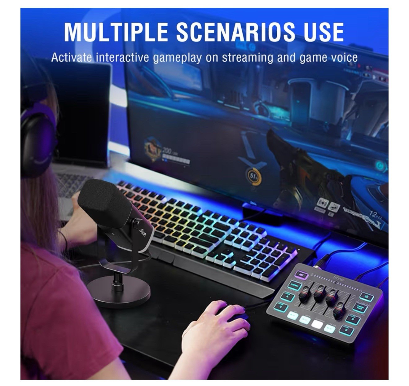 FIFINE Gaming Equipment Bundle, Dynamic XLR/USB Gaming Microphone Set With Mixer