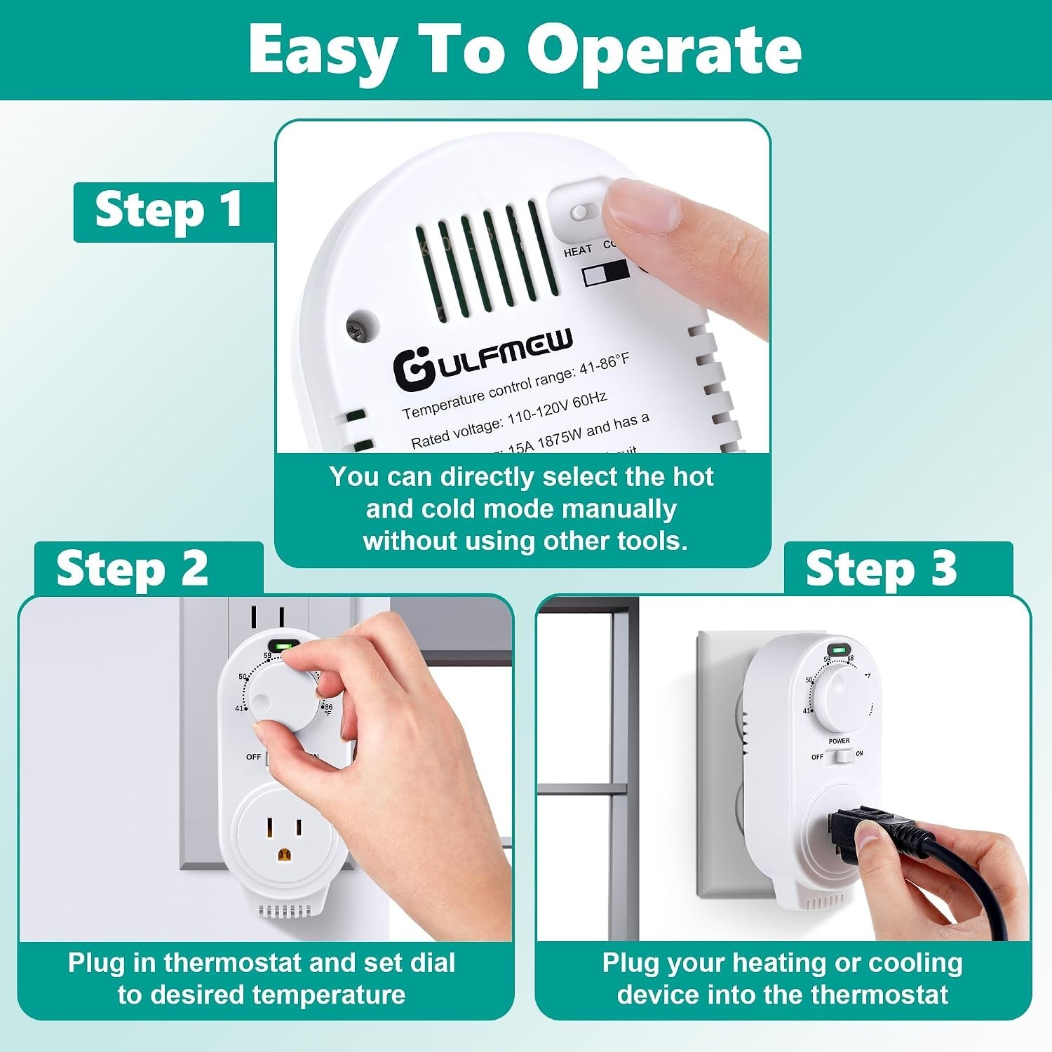 Gulfmew 2 Pack Adjustable Thermostat Plug In Heating Cooling Outlet White