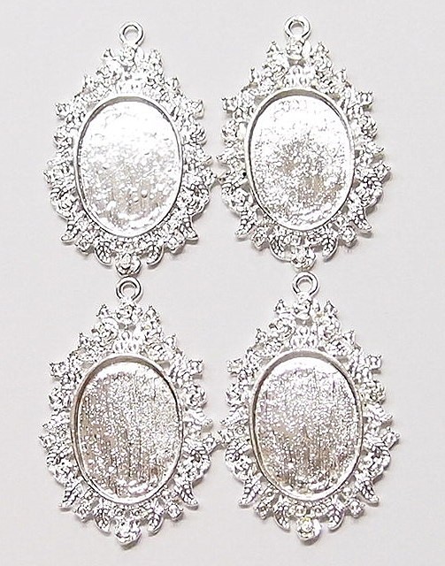 6 of 25x18mm Shiny Silver Victorian Roses &Floral Oval Pendant Settings 49x32mm