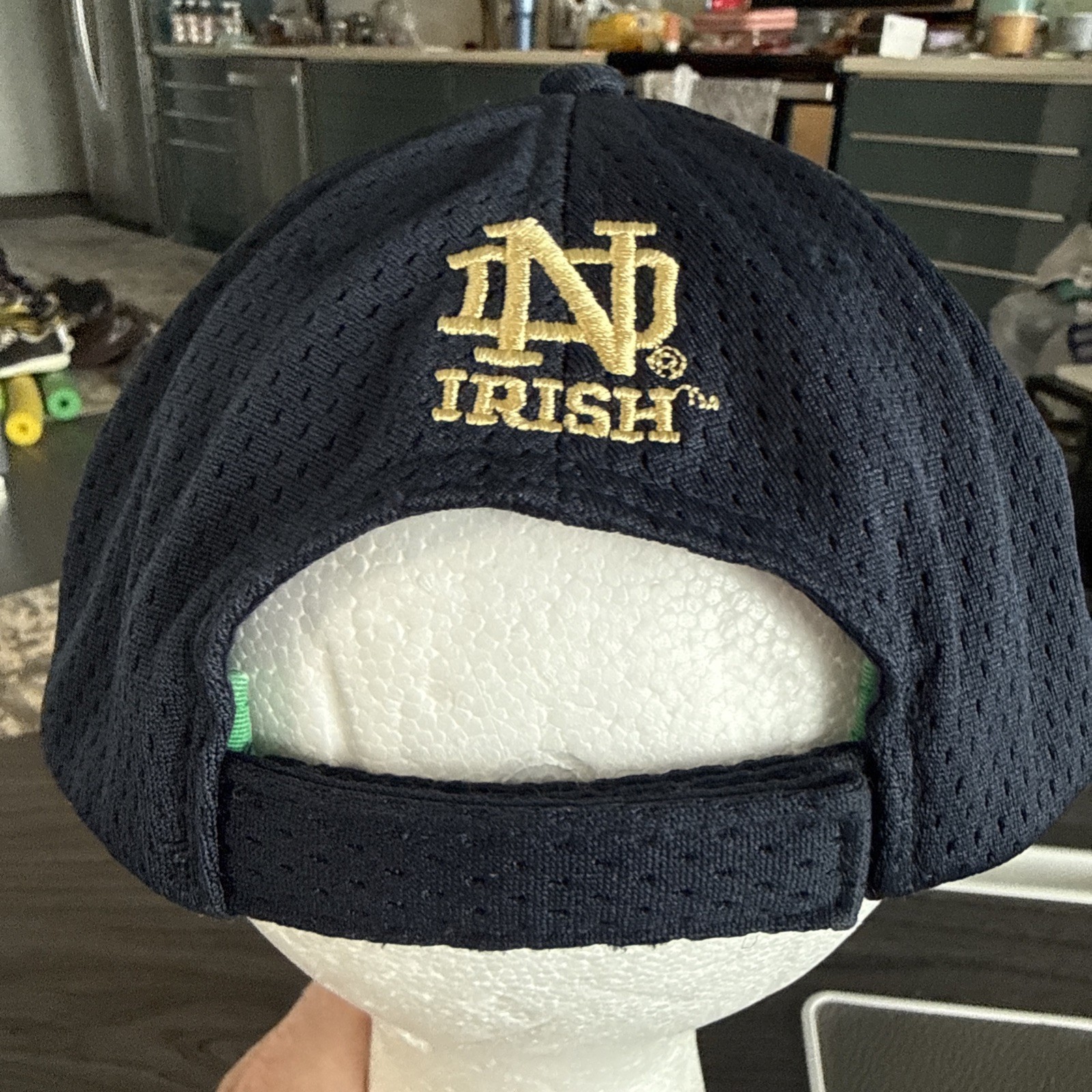 Notre Dame ND Gold Letters on Green Shield on Navy Adidas Hat Cap Hook Loop