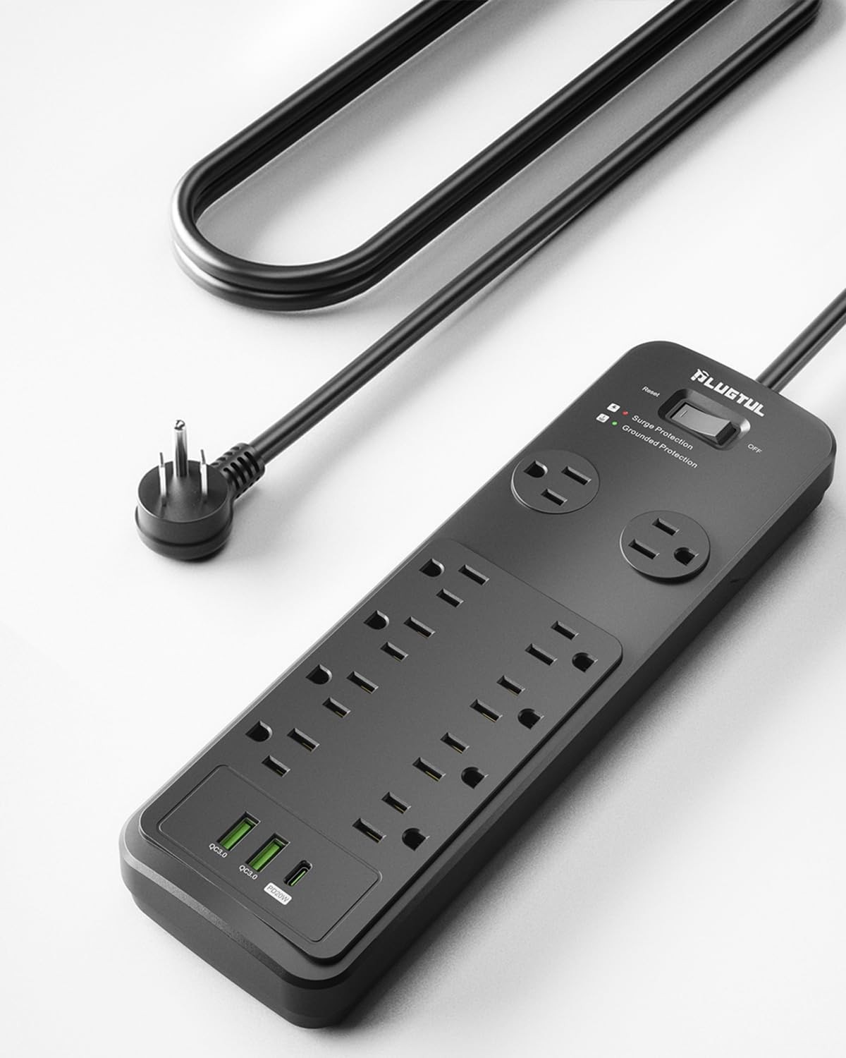 Surge Protector Power Strip 10FT, PLUGTUL with 10 Black