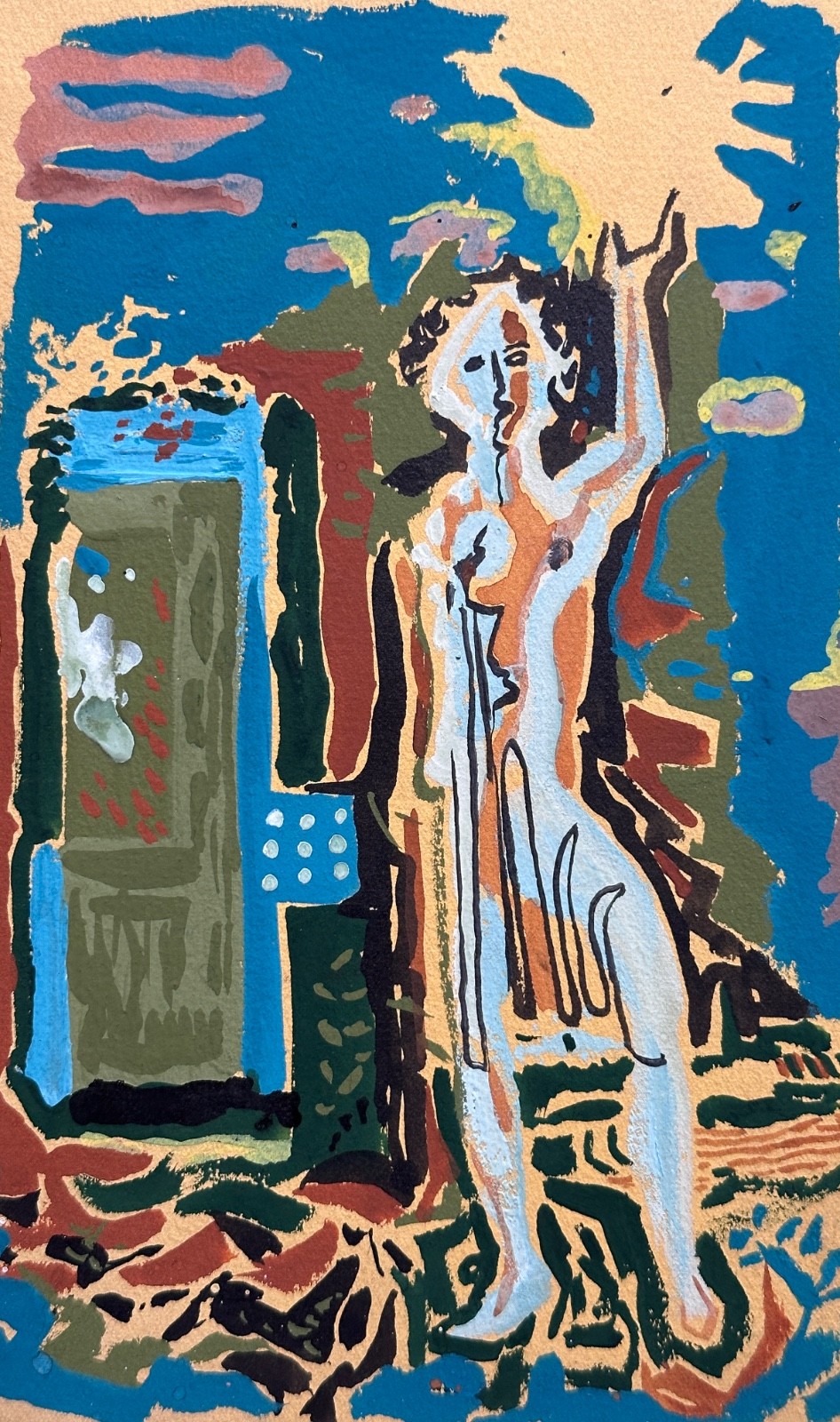 Ancient Modernist Drawing Of Woman Portrait Gouache Illustration TERLES JEAN