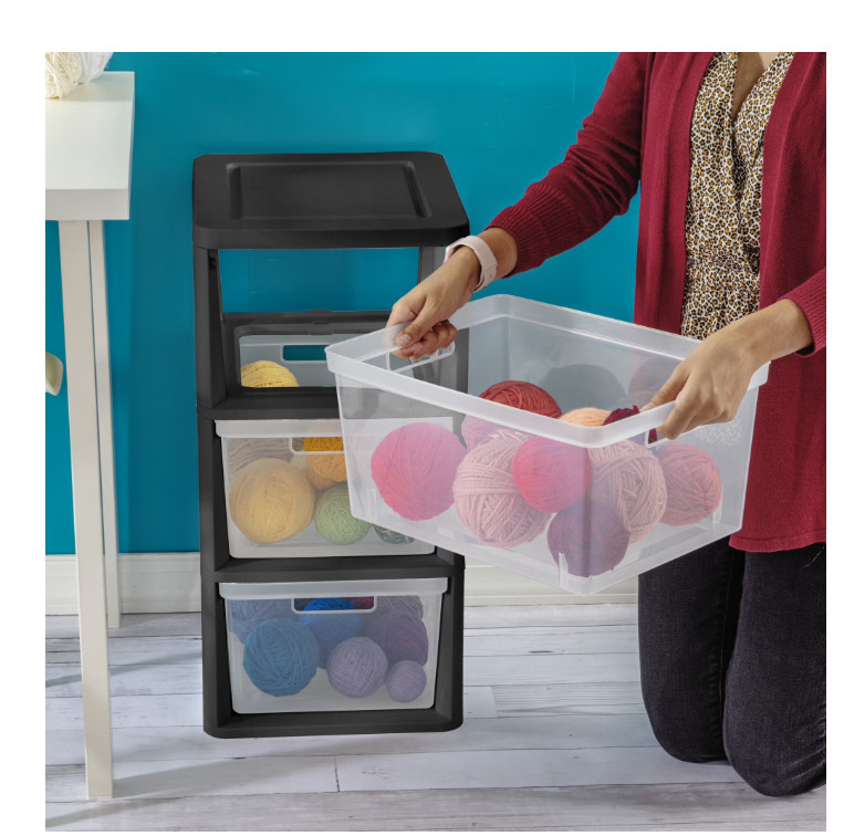 2 Pack 3 Drawer Storage Tower Plastic Organizer with Clear Bins Black