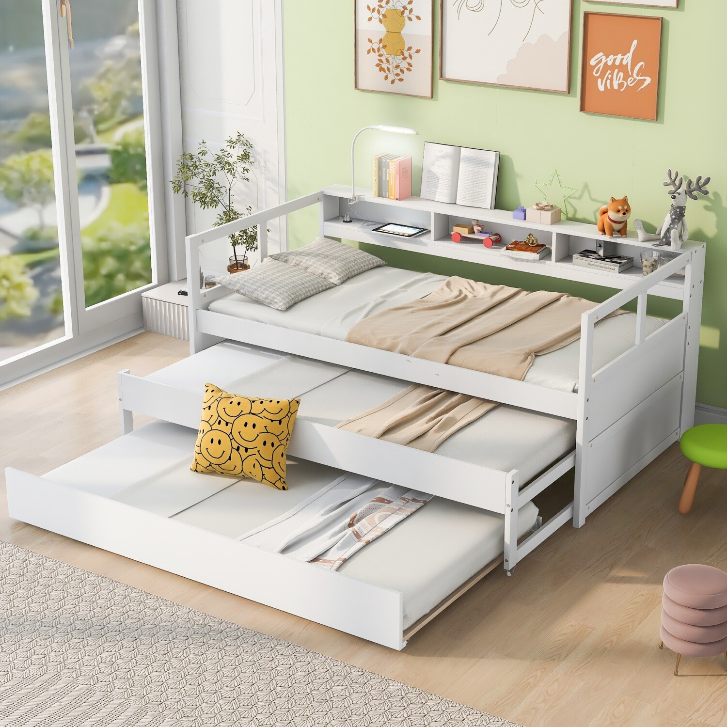 Twin XL Wood Daybed Wood Bed Frame Sofa Bed w/ 2 Trundle White/Gray