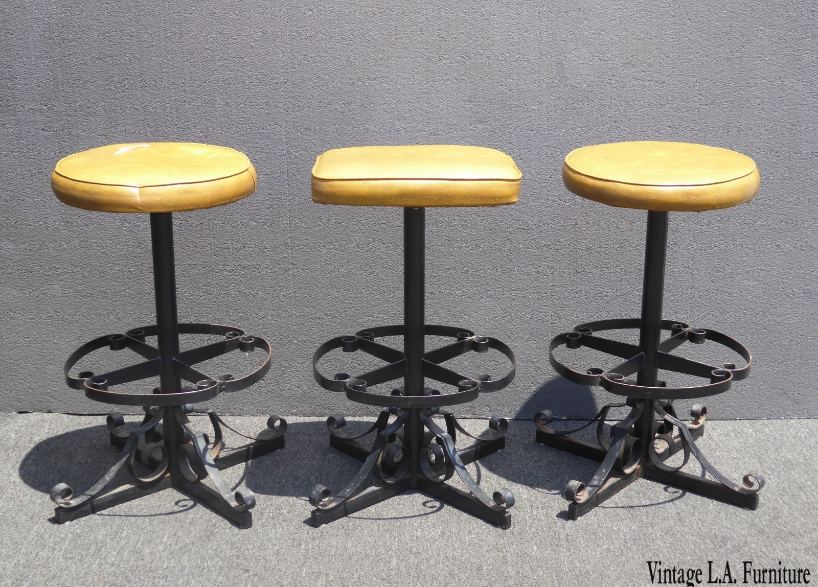 Set of Three Vintage Iron Spanish Style Yellow Bar Stools Mid Century Modern