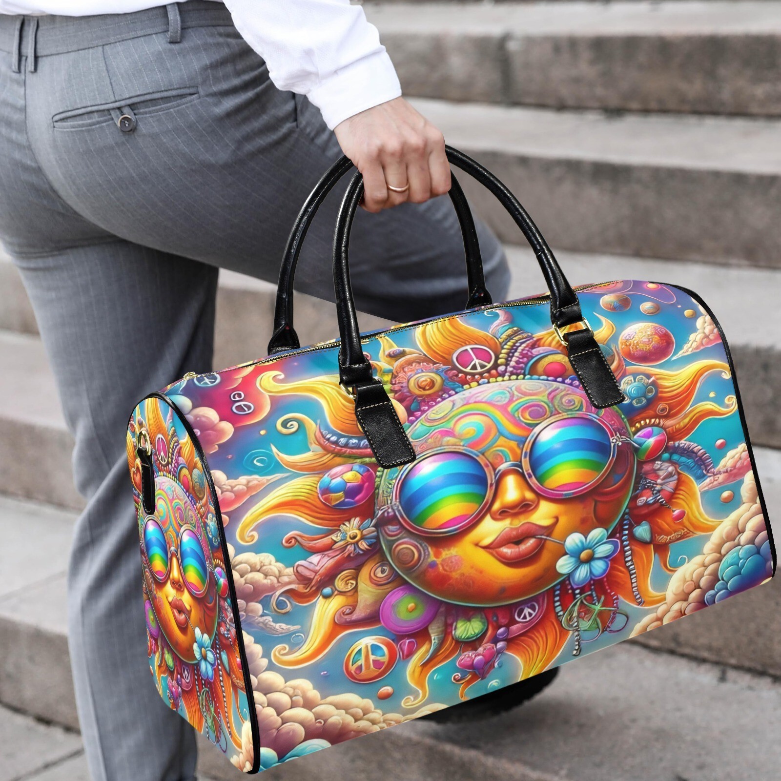 large leather travel bag. Peace flower power