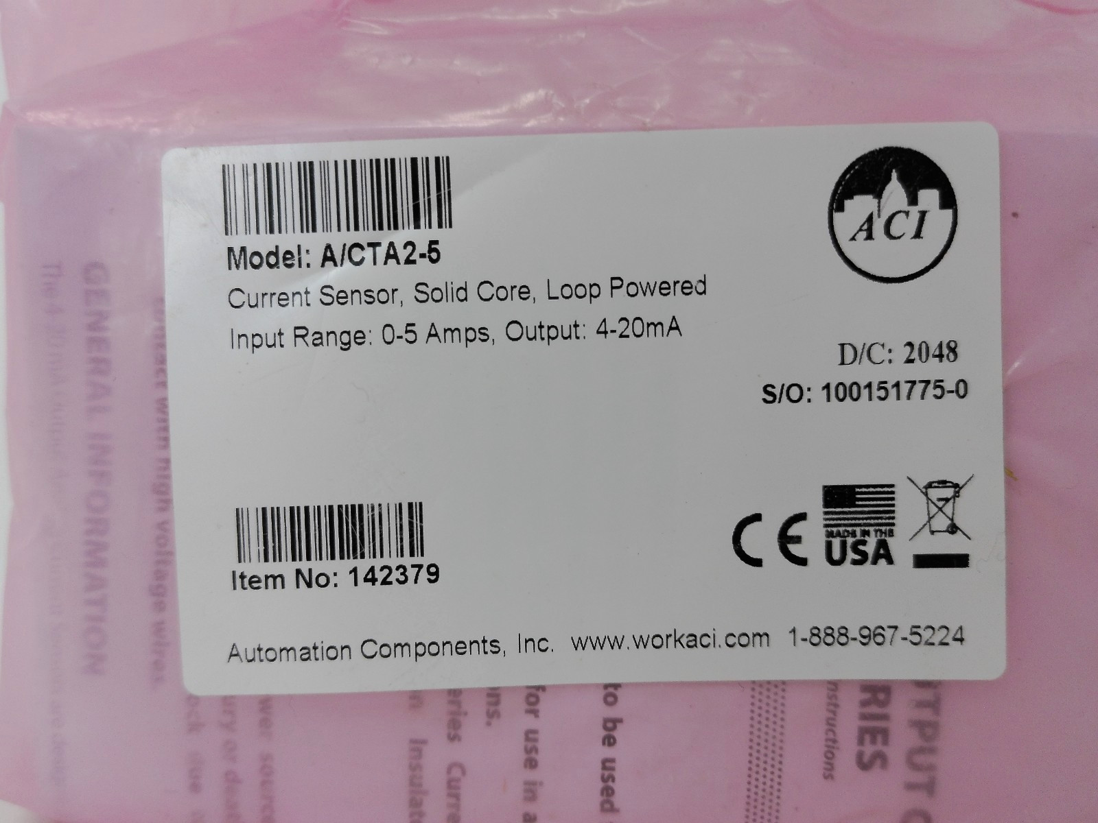 ACI A/CTA2-5 Current Sensor (Screws Not Included)