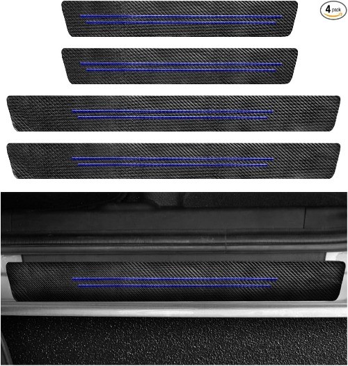 4 PCS Car Door Sill Protector, Carbon Fiber Leather Anti-Scra Color: Blue-4pcs