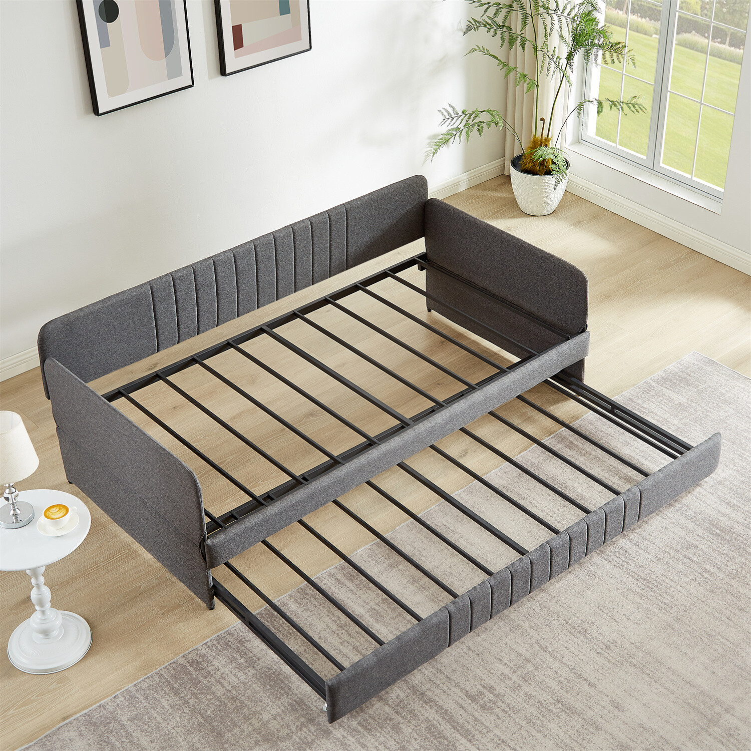 Twin Size Daybed Upholstered Bed Frame Sofa Bed with Trundle Bed Grey