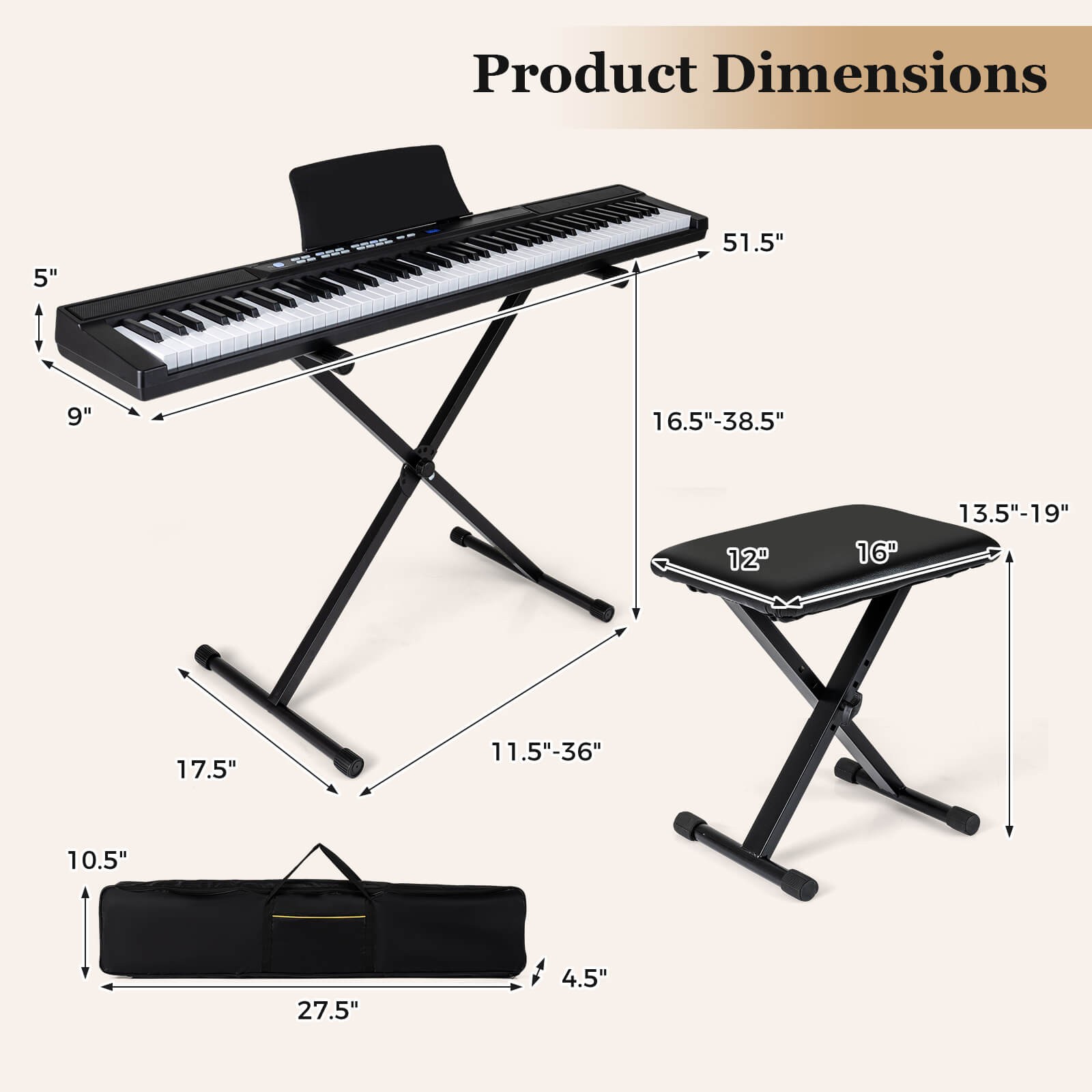 88-Key Electric Piano Keyboard w/Adjustable Stand Stool, Light-up Keys & Buttons