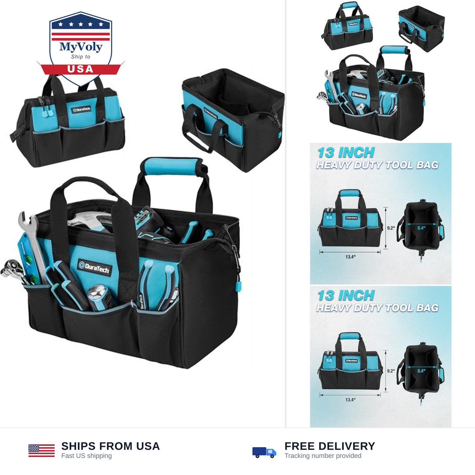 DURATECH 13" Small Tool Bag with 9 Pockets, Wide Open Tool Carrier | Thickene...