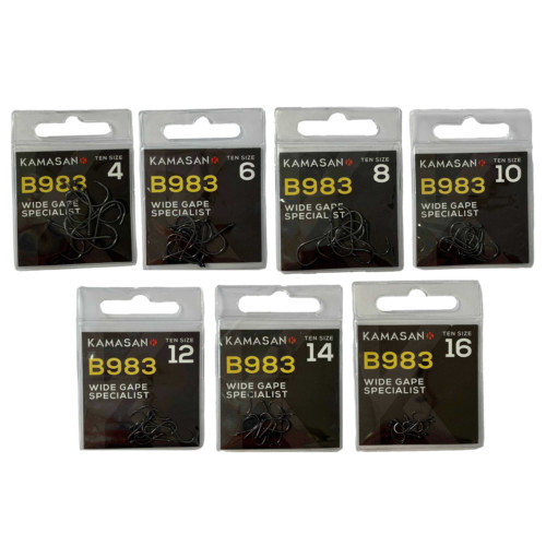 50 x Kamasan B983 Wide Gape Eyed Specialist Hook. Whisker Barbed. Sizes 6 to 16.