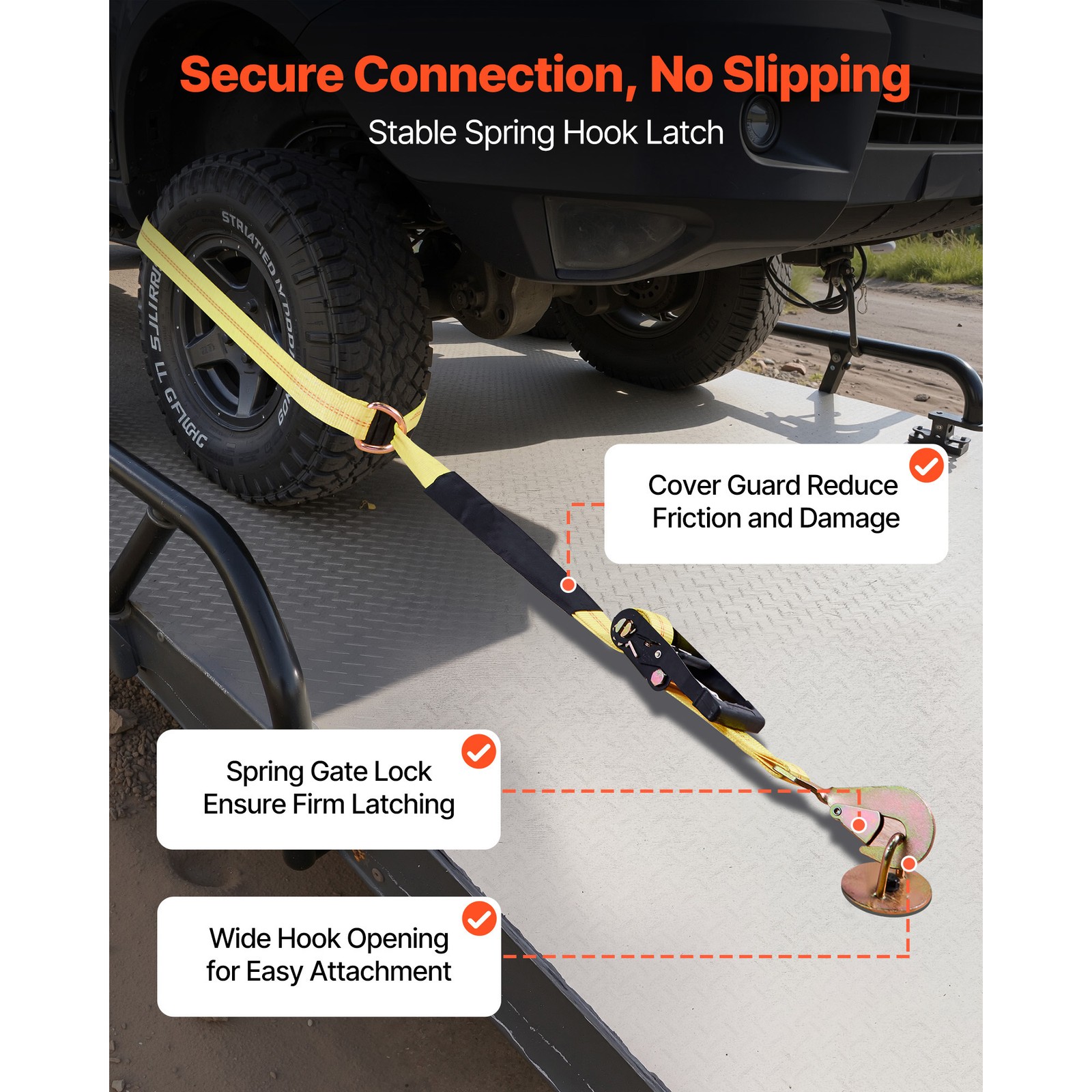 4 Set Wheel Chock Tie-Down Kit Flatbed Ratchet Tie Down Strap w/Spring Hooks