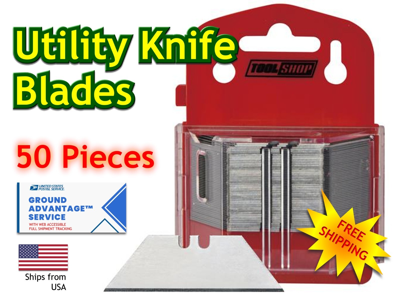 50 Pack Utility Knife Blades High Carbon Steel with Safety Dispenser