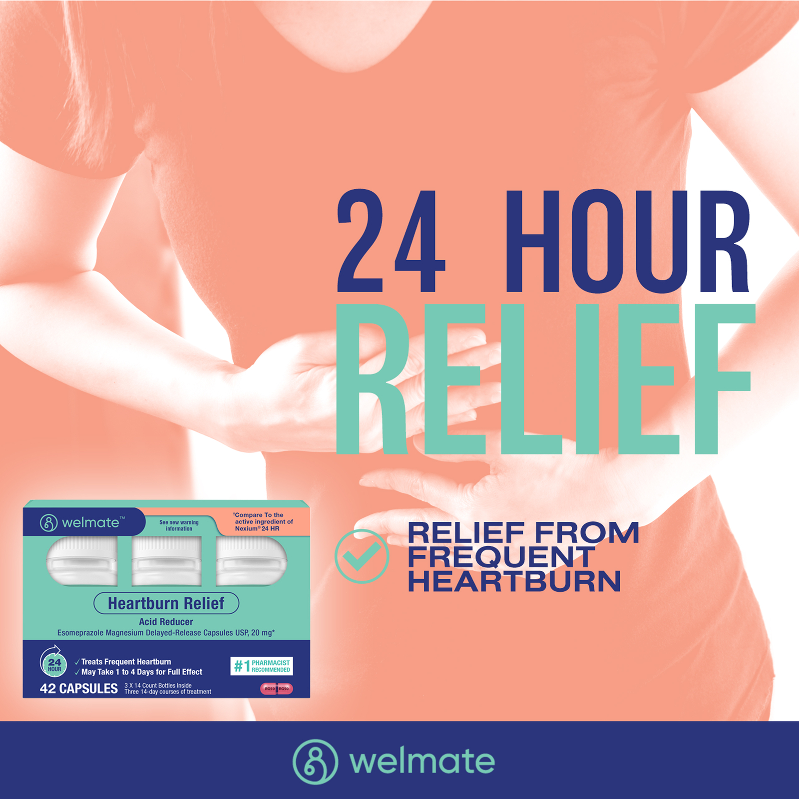 WELMATE Esomeprazole Magnesium 20mg DR Capsules | 24Hour Acid Reducer | 42 Count