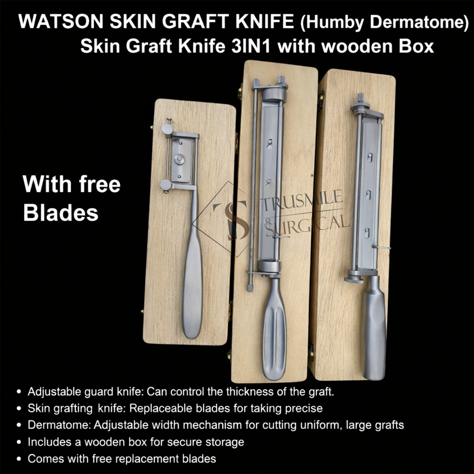 WATSON SKIN GRAFT KNIFE (Humby Dermatome) Skin Graft Knife 3 IN1 with wooden Box