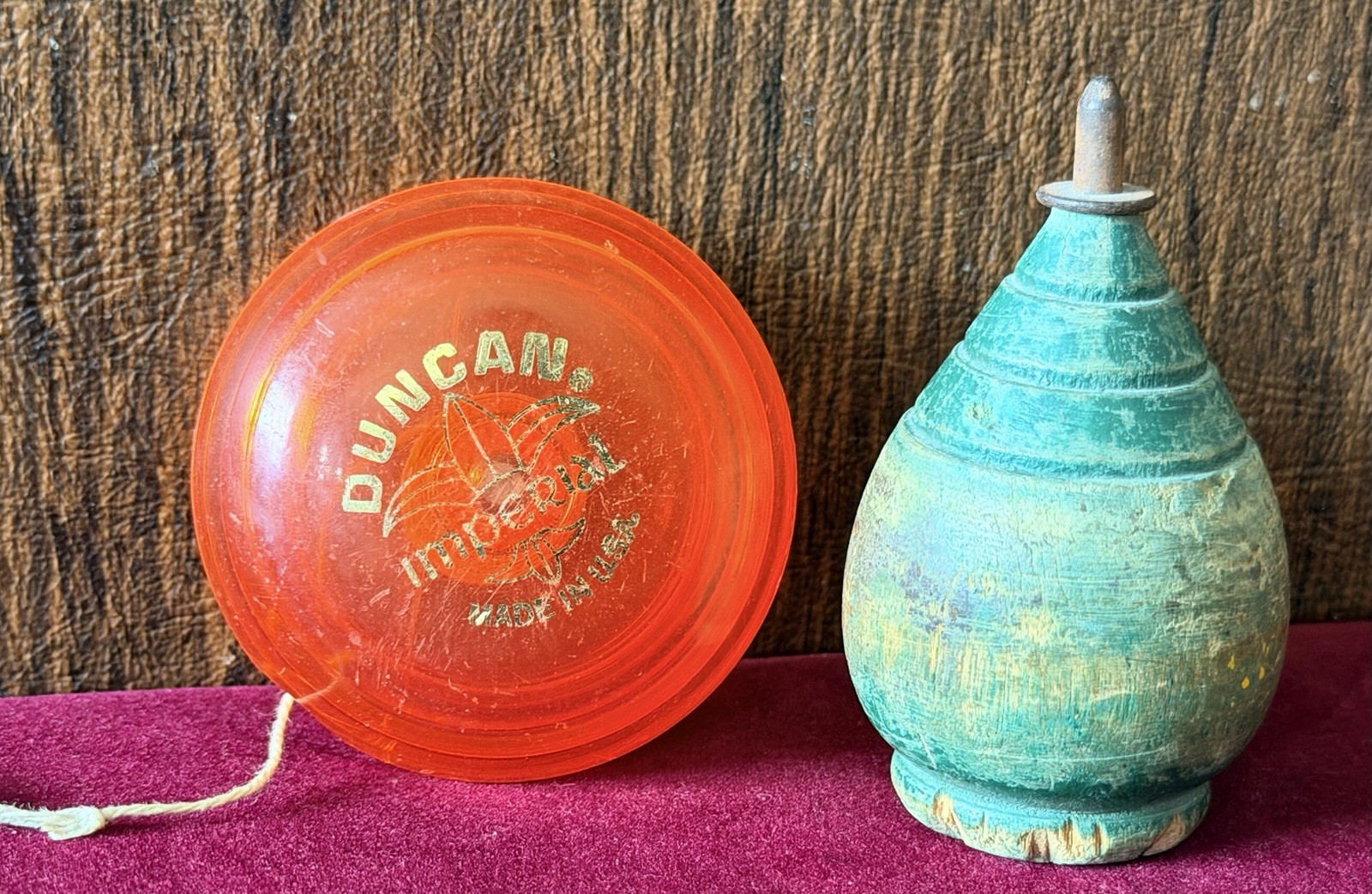 Two Vintage Toys For All Ages ~ Orange Duncan Imperial YoYo & Green Wood Top