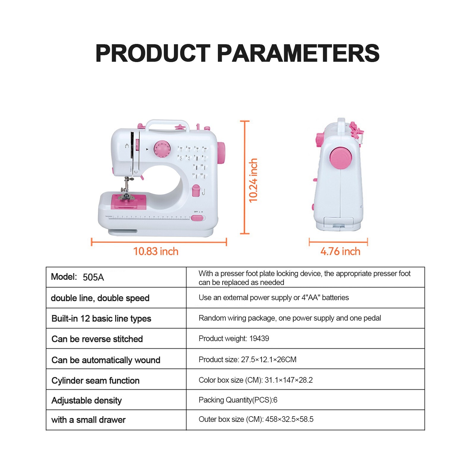 Mini Electric Sewing Machine 12 Stitches Double Thread Portable US Plug Pink