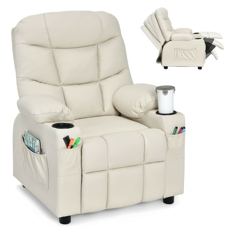 Kids Padded PU Leather Adjustable Recliner Chair W/Cup Holders & Storage Pockets