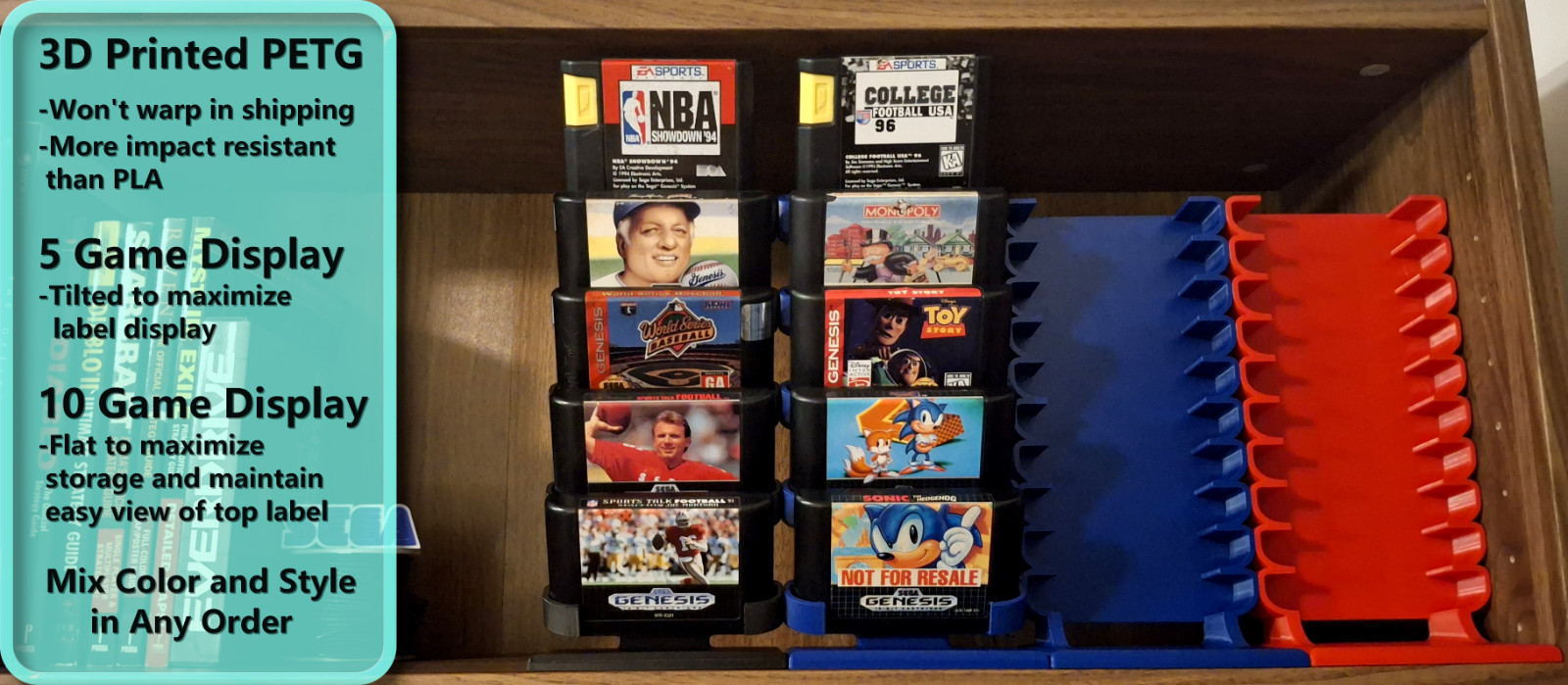 2x Sega Genesis Game Cartridge Vertical Display Stand *Choose color, style, mix*